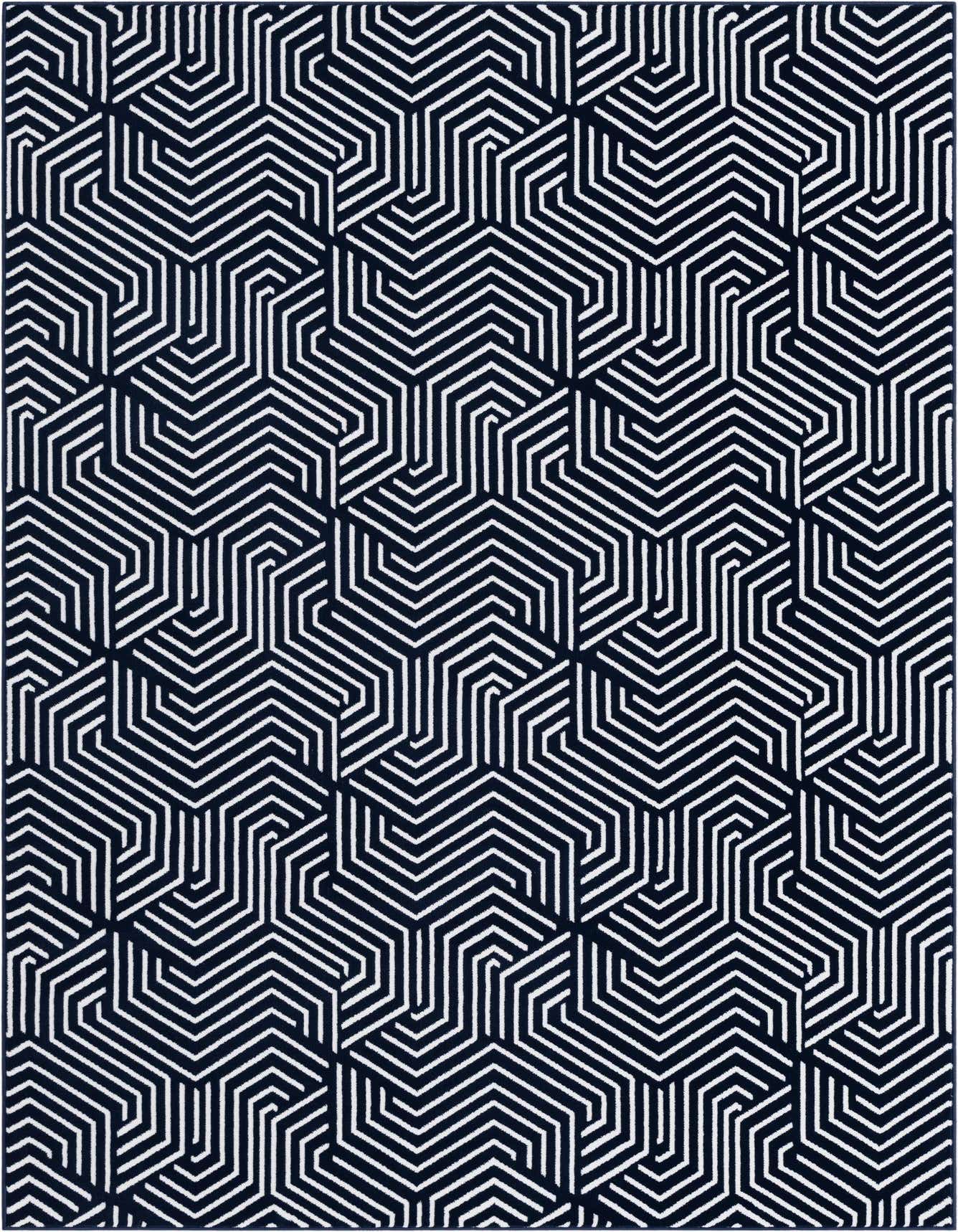 A 5x8 rectangular blue rug with a repeating geometric pattern of white interlocking hexagons, suitable for modern living spaces.