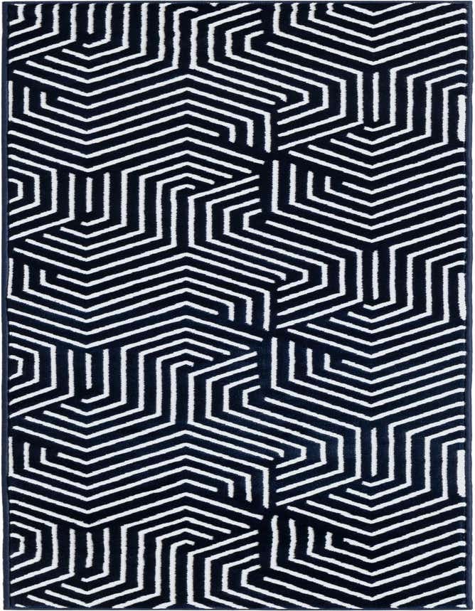 A 6 ft runner rug with a repeating geometric pattern of white lines on a dark blue background, ideal for a hallway.