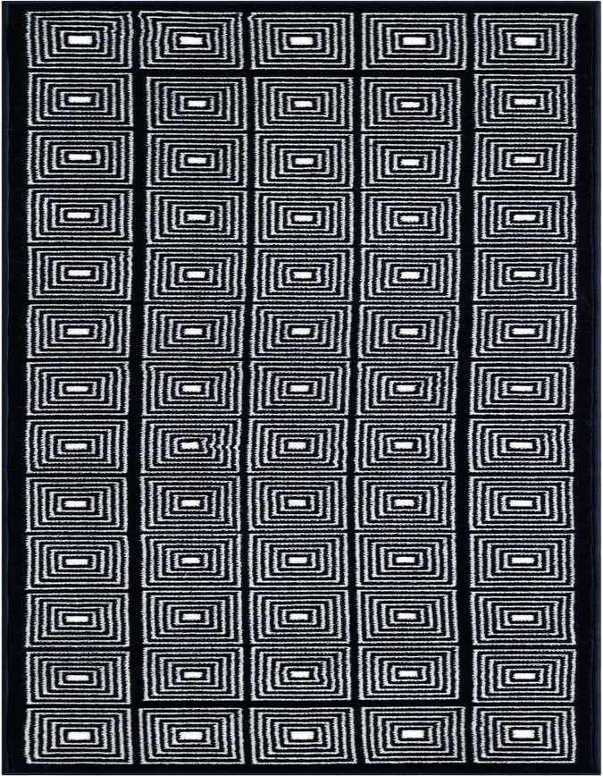 A 6 ft runner rug with a repeating pattern of white concentric squares on a dark blue background, ideal for a hallway.