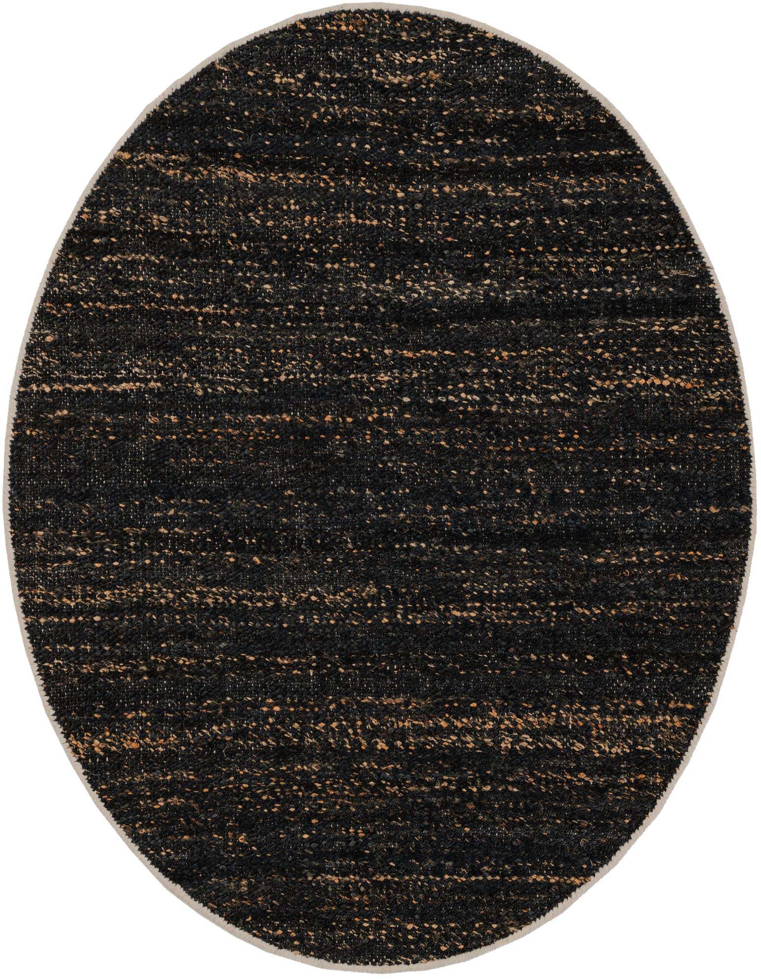 A round 4' 1 x 4' 1 Palm Beach Jute rug in a rustic modern style, featuring a textured blend of dark blue, black, and natural jute fibers.
