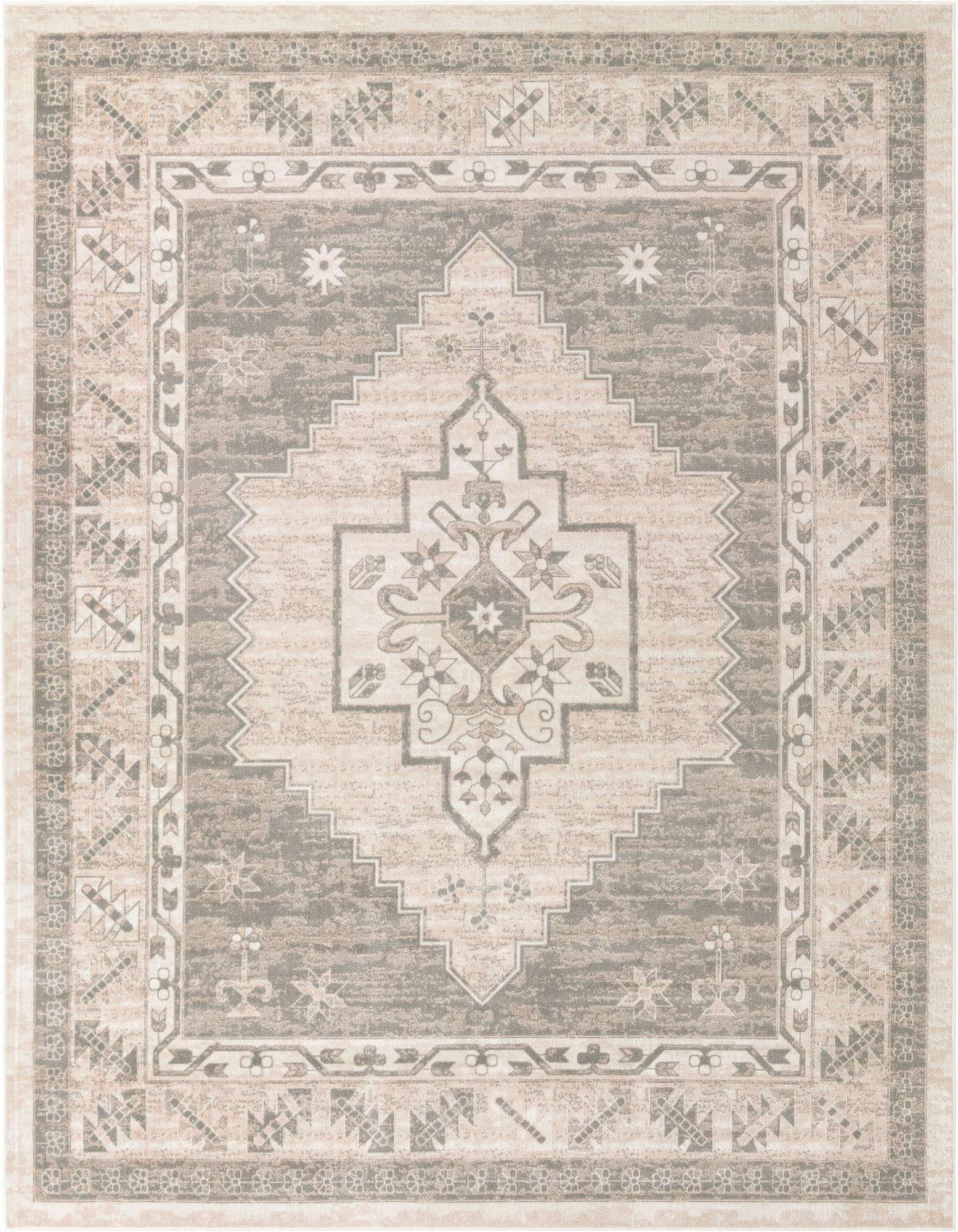 A 10x13 rectangular Whitney Collection rug in shades of brown, tan, and ivory, featuring a distressed medallion and tribal border pattern.