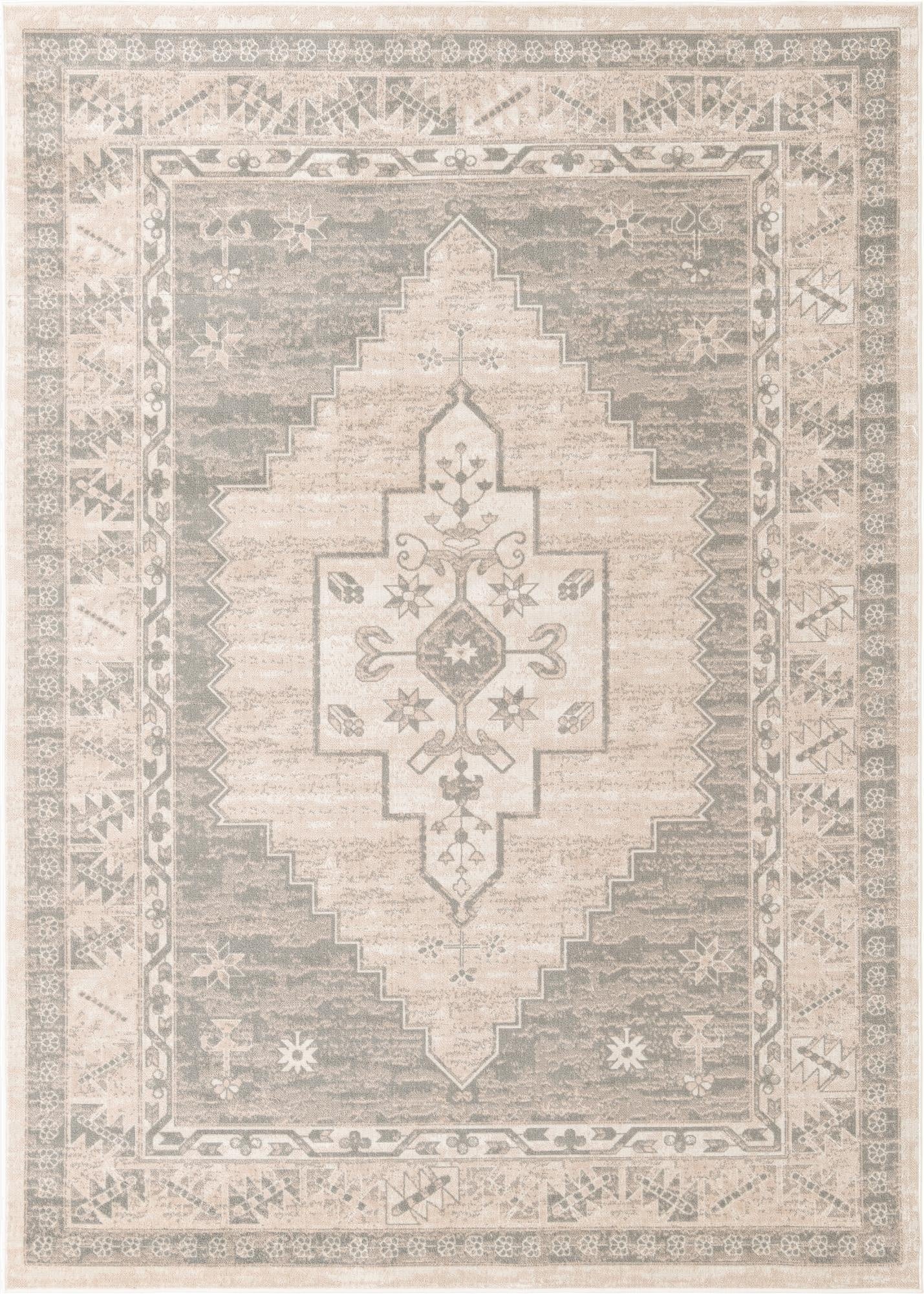 A rectangular 8x11 Whitney rug in brown, tan, and ivory with a vintage tribal medallion pattern, suitable for a living room.