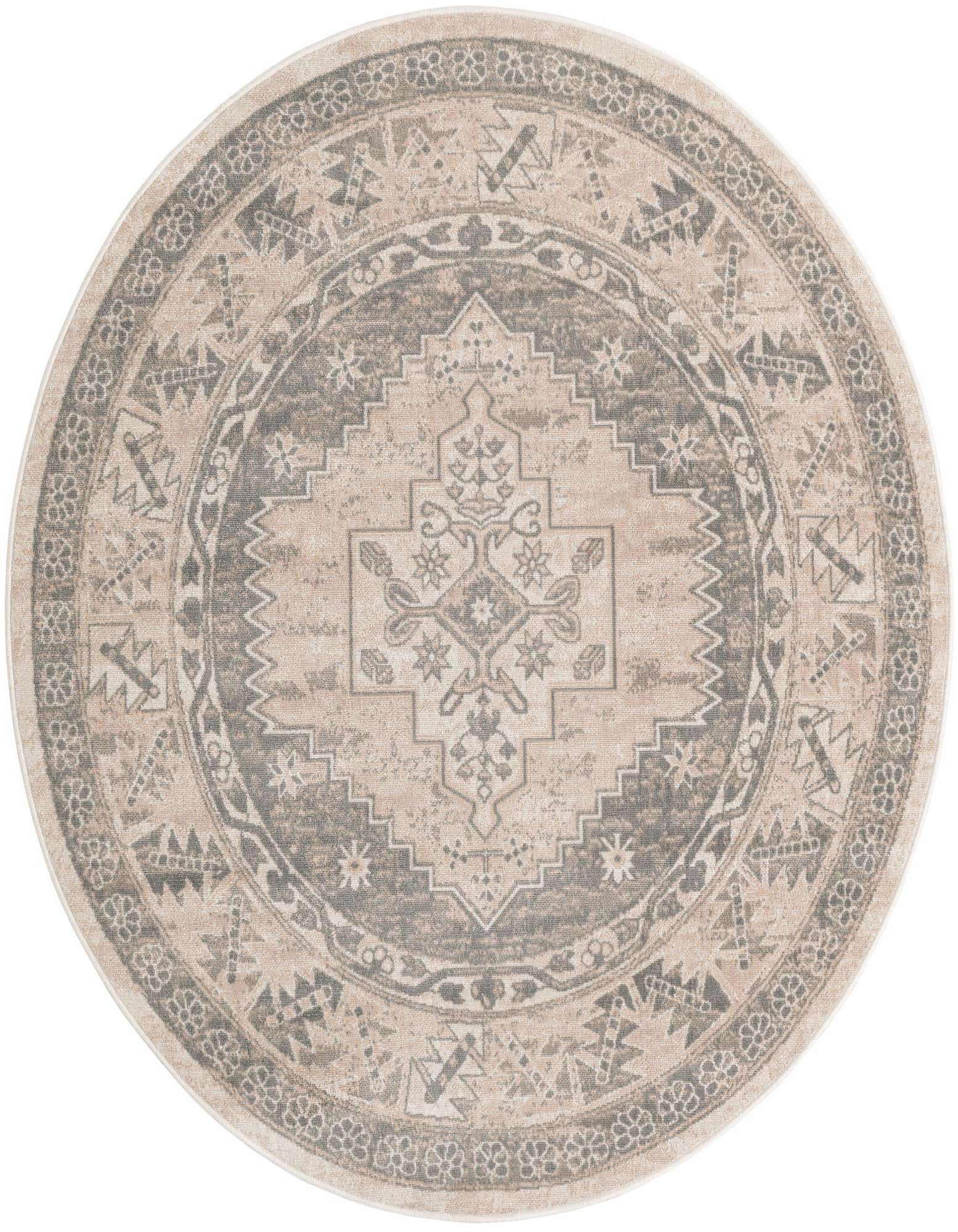 Round vintage farmhouse rug, 6' 1 x 6' 1, featuring a central medallion in shades of brown, tan, and cream.