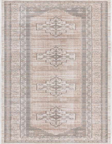 A 12 ft runner rug from the Whitney collection featuring a distressed tribal medallion pattern in browns, tans, creams, and whites, perfect for a hallway.