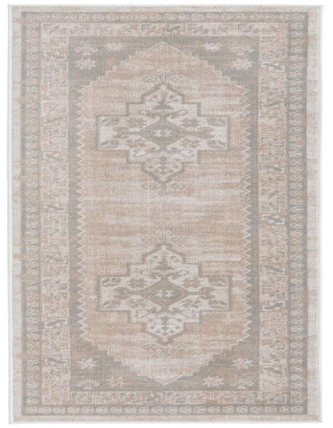 A 6 ft runner rug with a faded tribal medallion pattern in shades of brown, tan, and ivory.