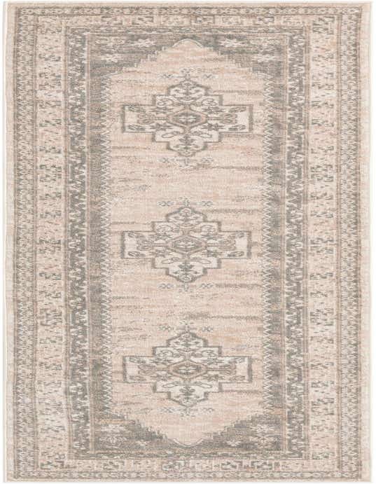 A 10 ft runner rug in shades of brown, tan, and ivory, featuring a distressed vintage medallion and tribal border pattern, perfect for a hallway.