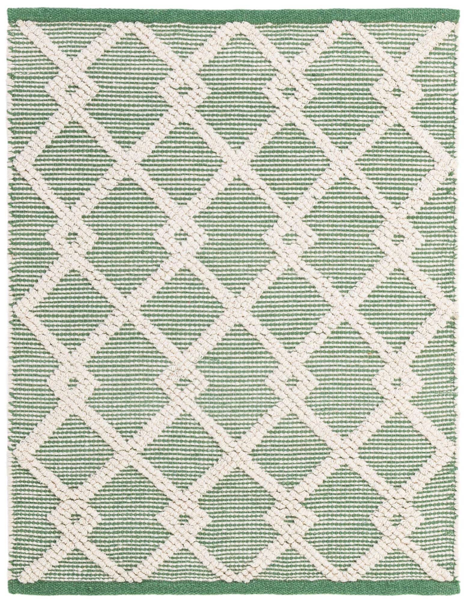 A 2x3 rectangular Jill Zarin Dorset rug featuring a modern green and off-white geometric trellis pattern.