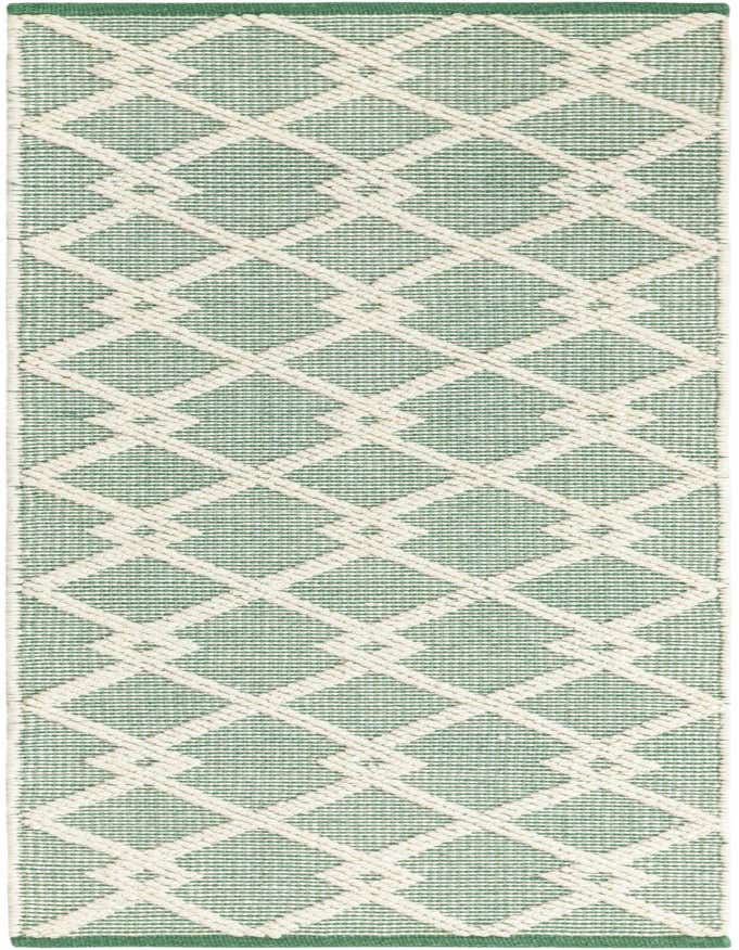 A 6 ft runner rug featuring a modern abstract diamond pattern in varying shades of green and off-white, with a textured, flatweave construction.