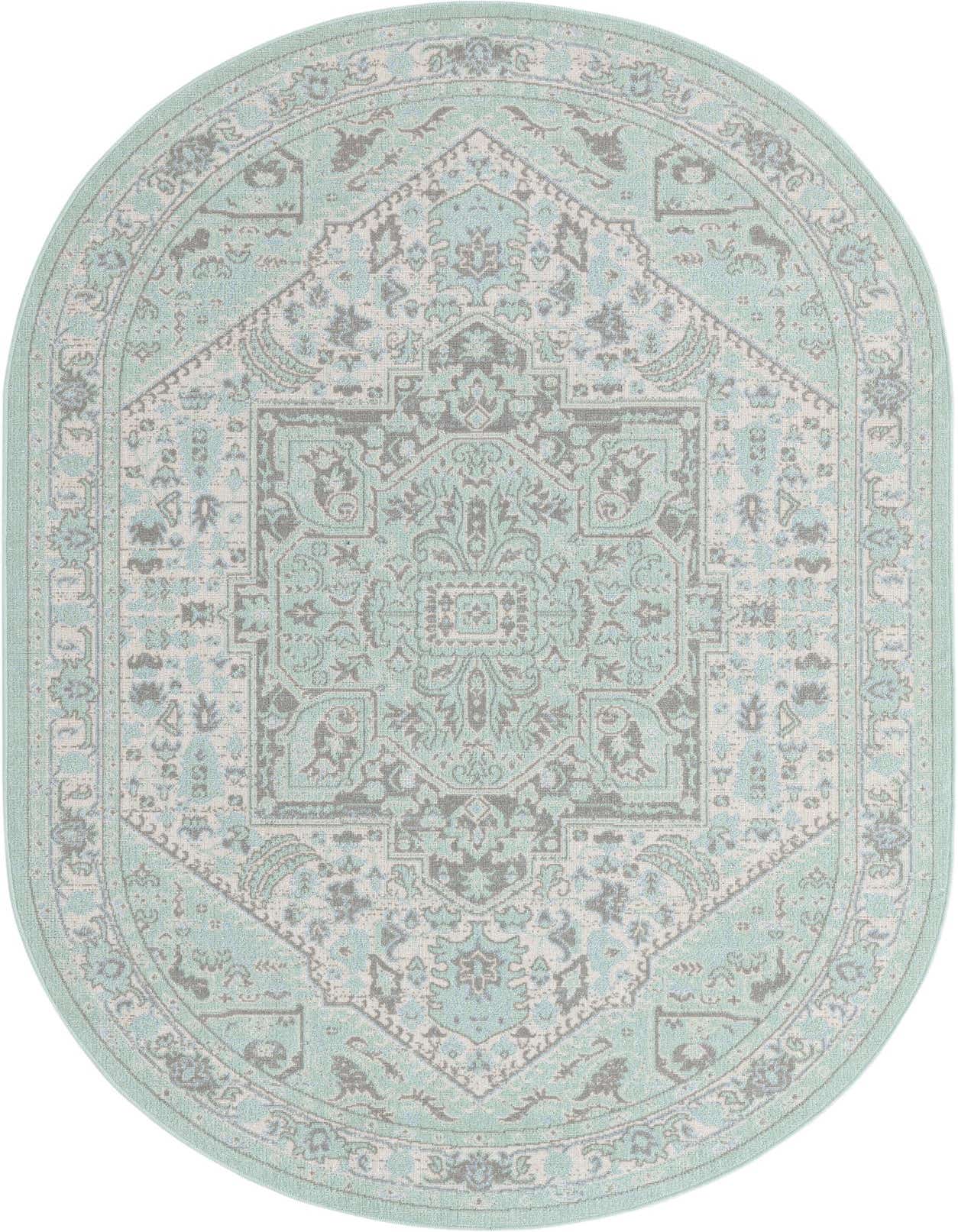 5'x8' oval green and grey medallion farmhouse rug with a vintage pattern, ideal for an indoor living space.