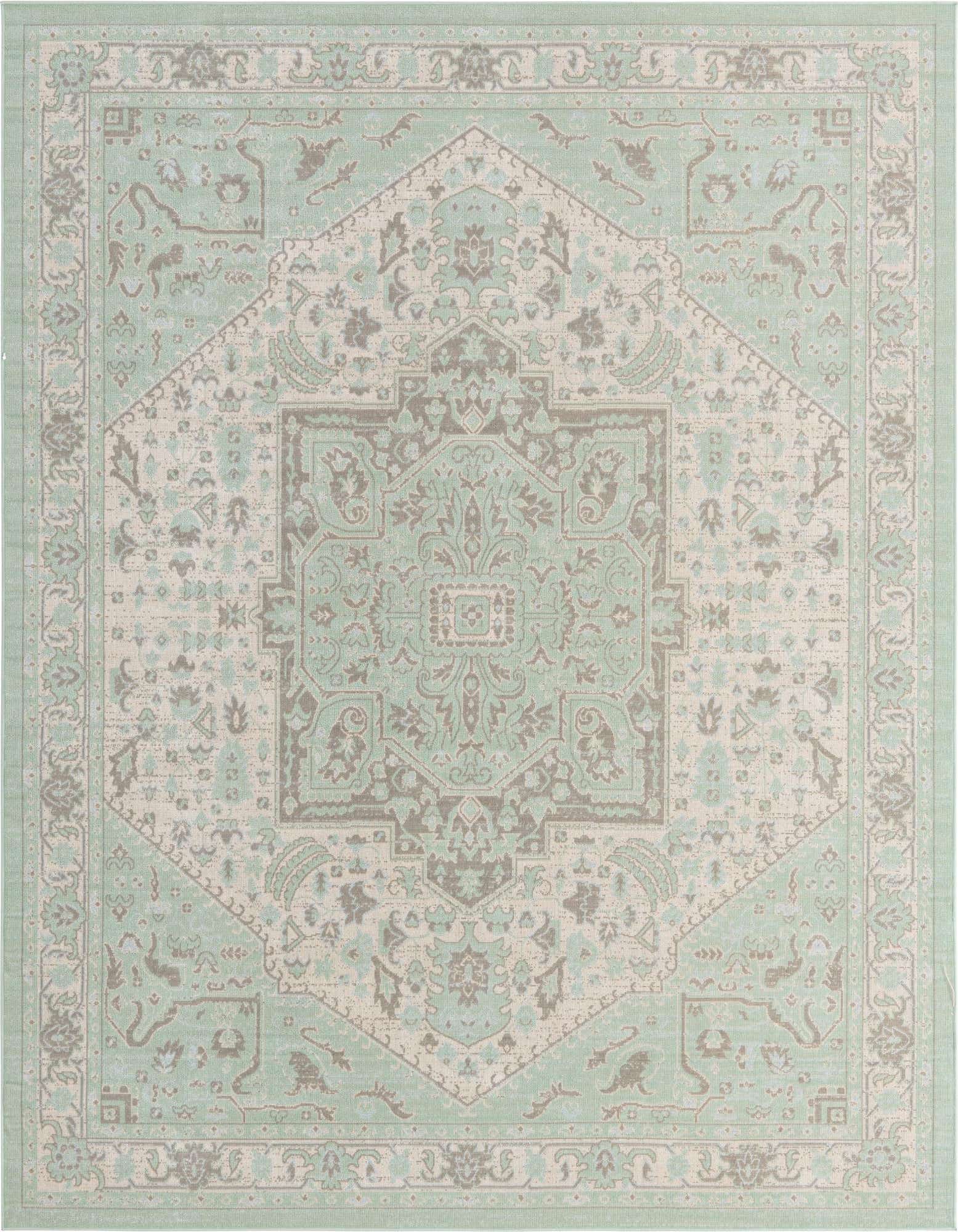 A 10x14 rectangular Whitney collection rug featuring a vintage medallion pattern in shades of green and beige.