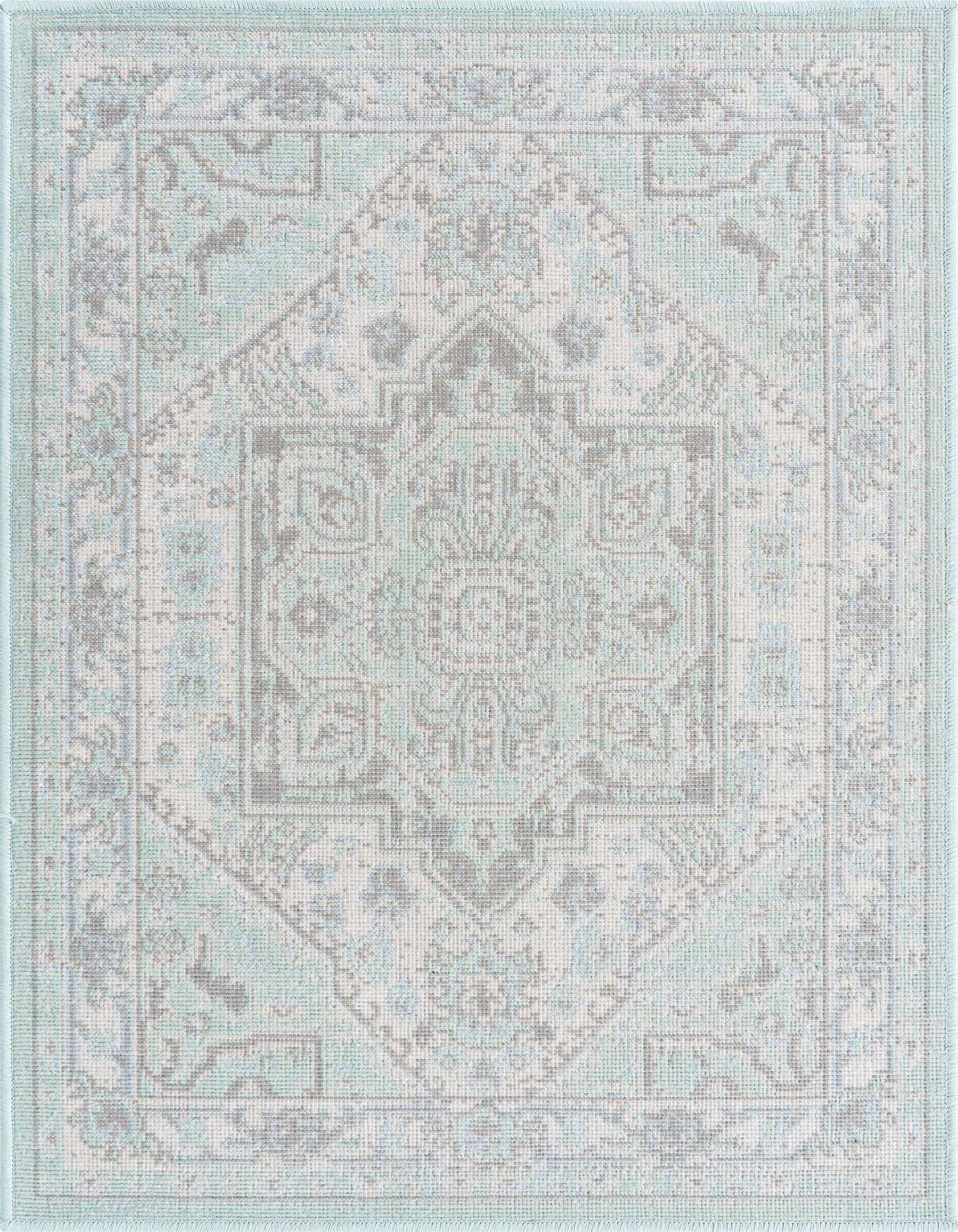 A 2x3 rectangular Whitney Collection rug featuring a distressed green and grey medallion pattern on a light background, ideal for an entryway.