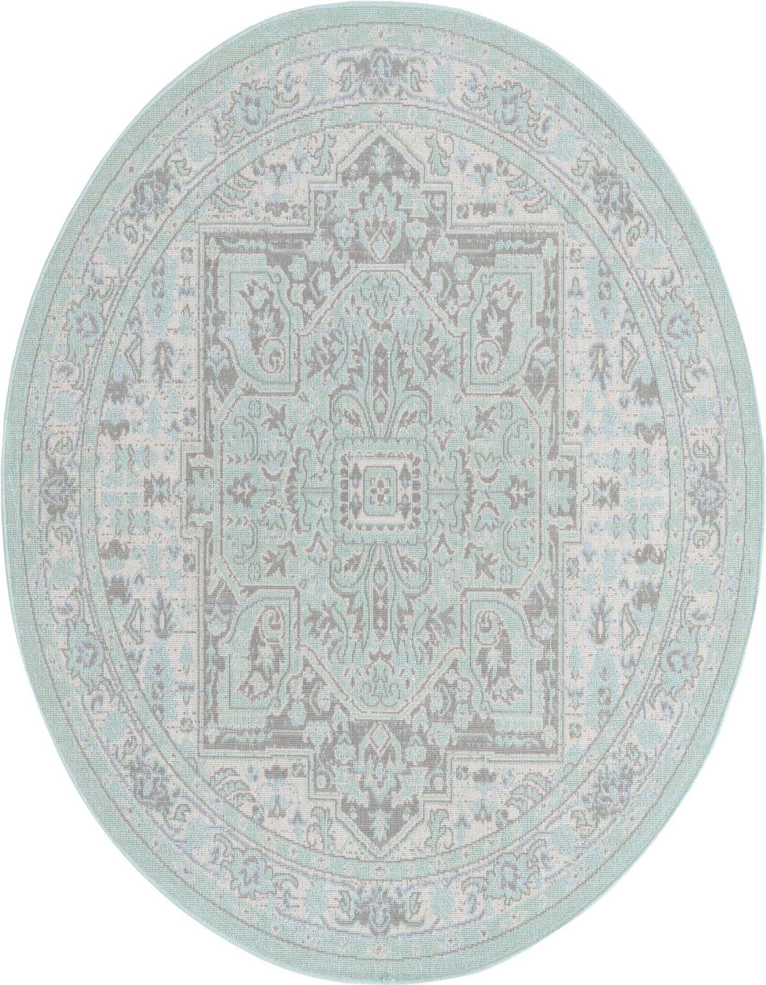 A 5' round green and grey medallion rug with a vintage farmhouse pattern, suitable for various indoor rooms.