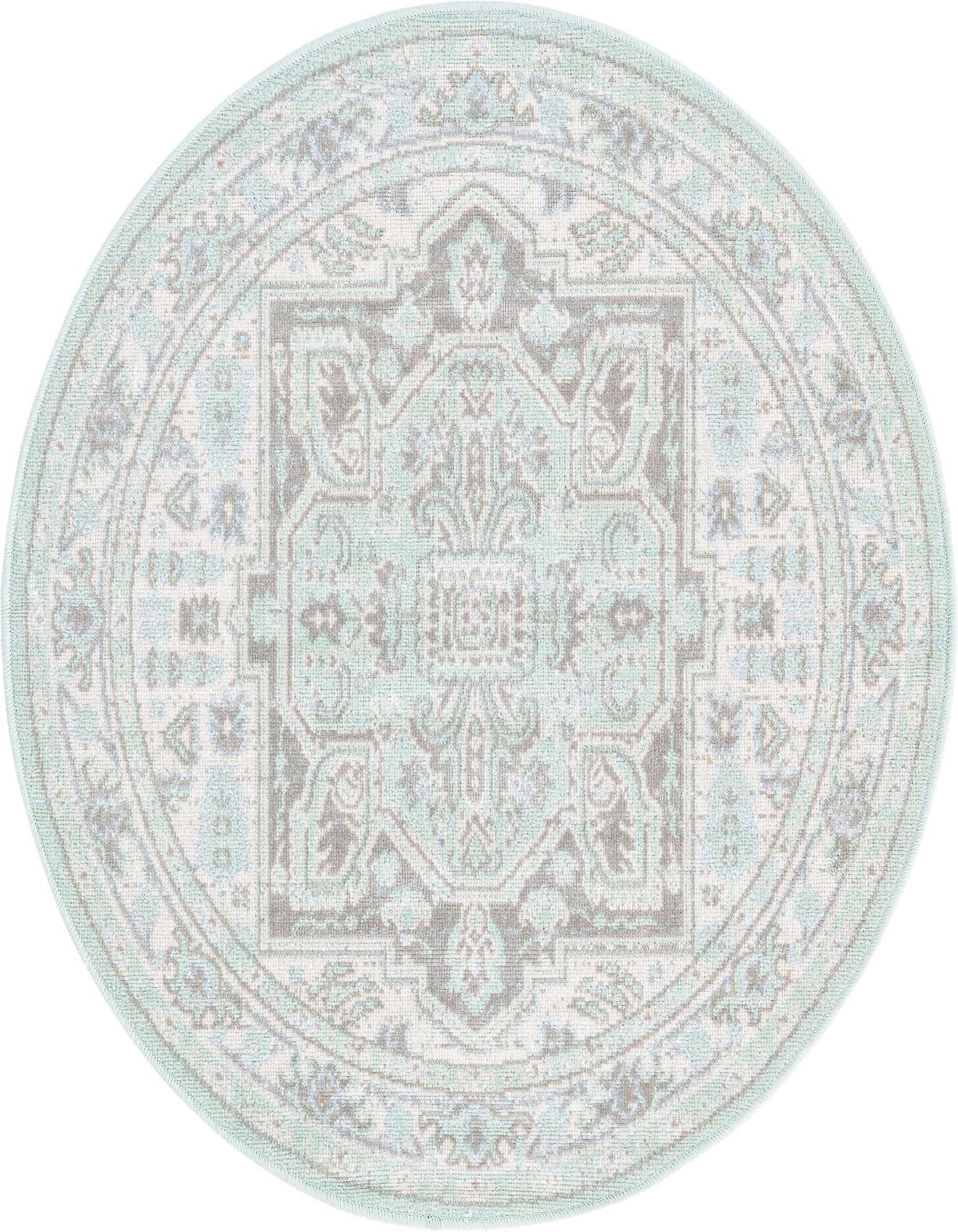 A 3' 3 x 3' 3 round green and grey medallion rug with a vintage farmhouse pattern.
