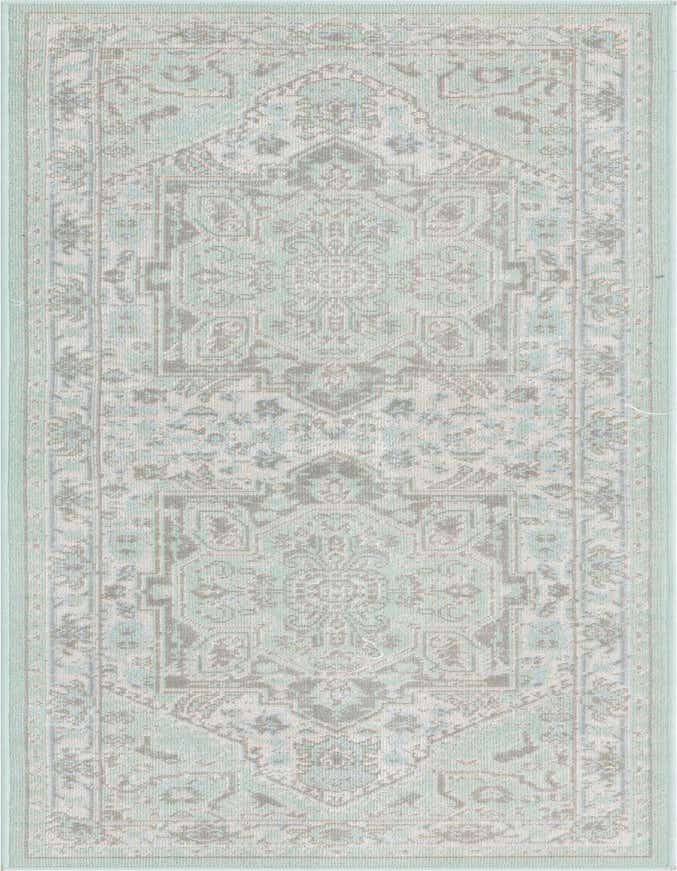 A 6 ft runner rug from the Rugs.com Whitney collection, featuring a faded green and grey vintage medallion pattern.
