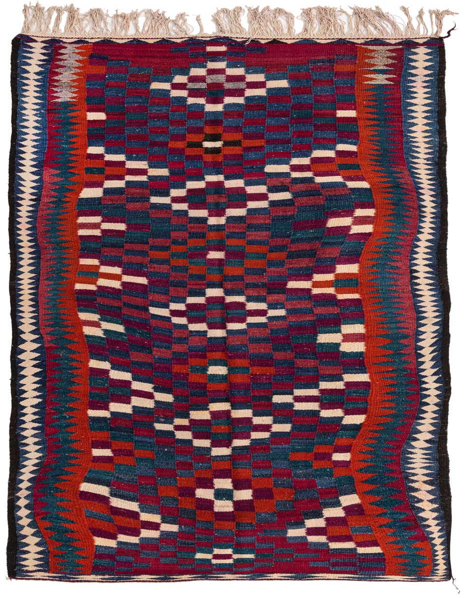 A 10 ft runner rug in a multi-color Persian tribal pattern, featuring geometric squares and a decorative border.