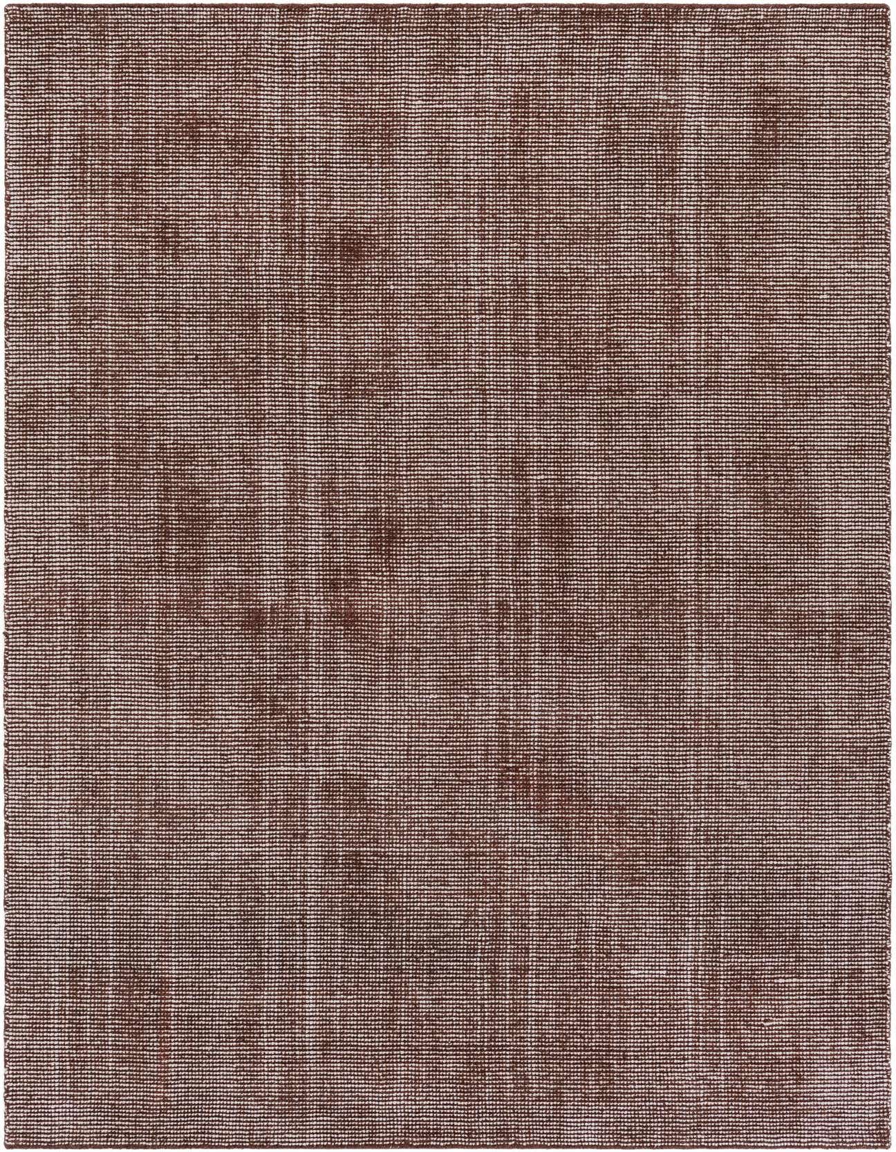 A 5x8 rectangular brown and tan modern area rug with a textured, high pile, suitable for a living room.