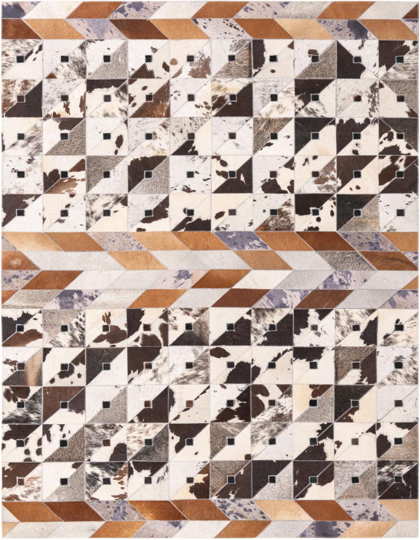A 5x8 rectangular Cowhide rug featuring a modern geometric pattern in multi-color tones, ideal for a living room.