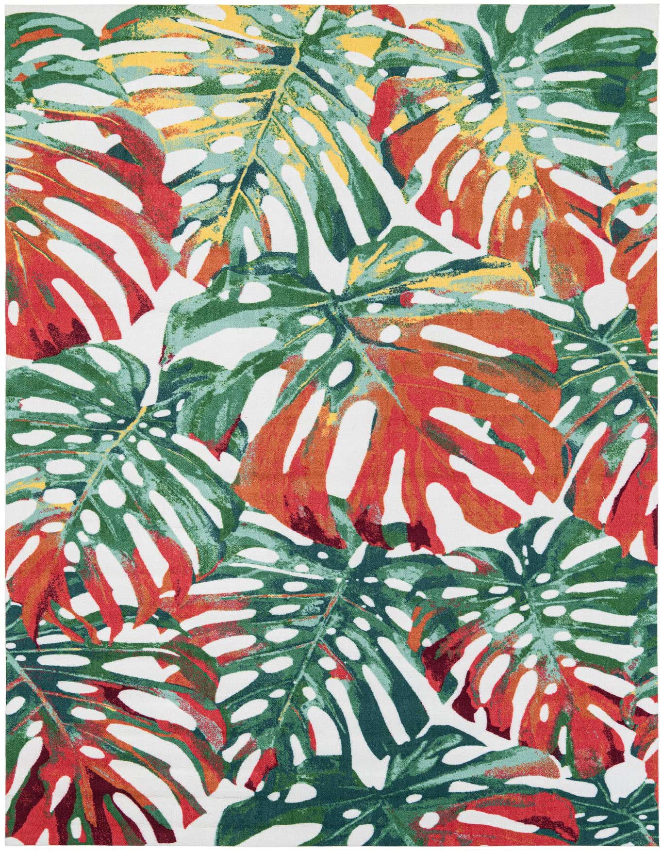 A 6x9 rectangular area rug featuring a vibrant, oversized tropical leaf pattern in shades of green, red, and yellow on a white background, suitable for a living room.
