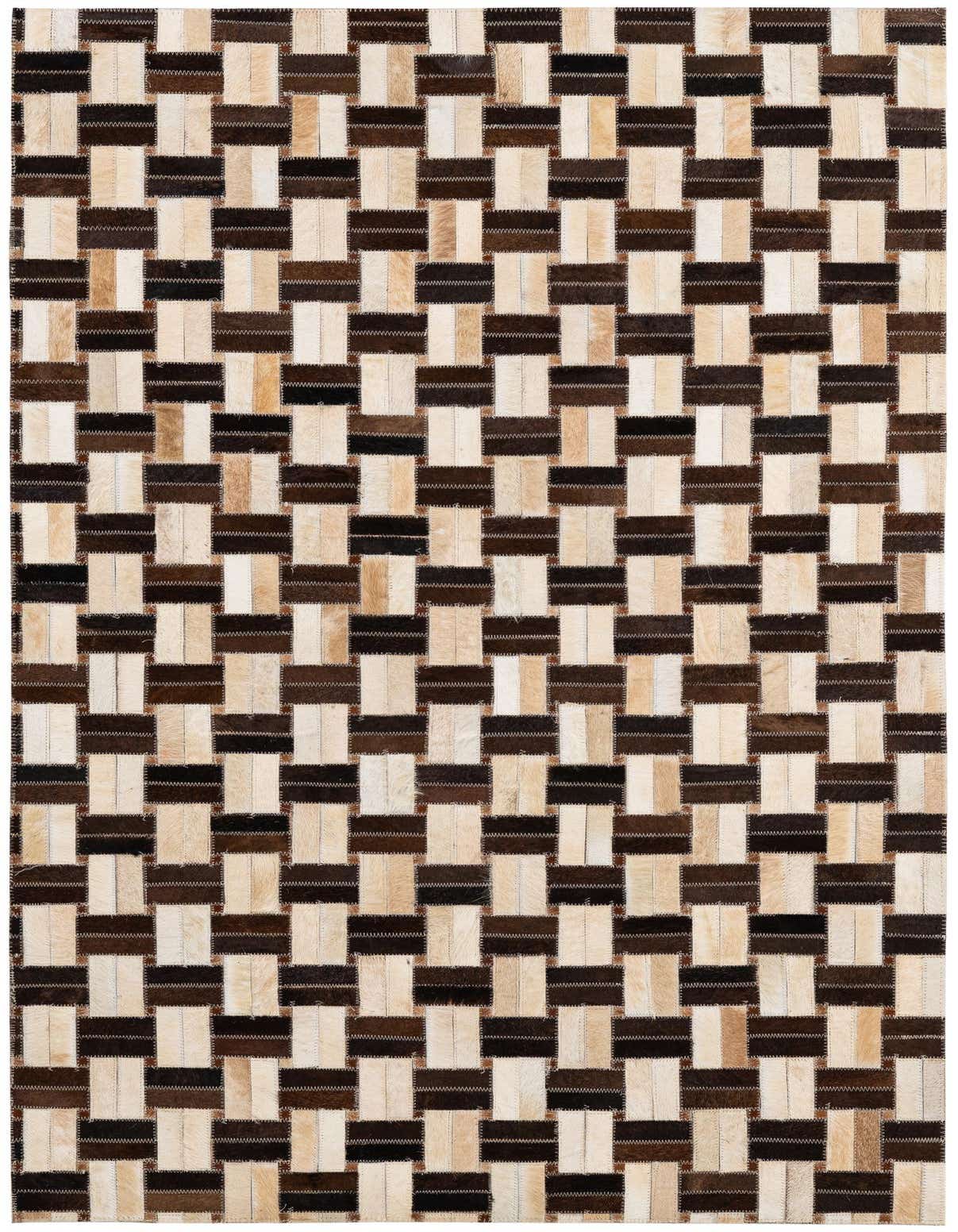A 3x5 rectangular Cowhide Patchwork rug featuring a modern woven pattern of light beige and dark brown leather strips.