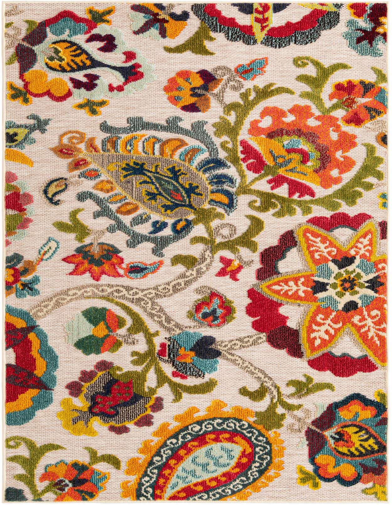 A 4x6 rectangular Multi Beige Modern rug from the Outdoor Casablanca collection, featuring a vibrant floral and paisley pattern in red, orange, yellow, blue, and green.