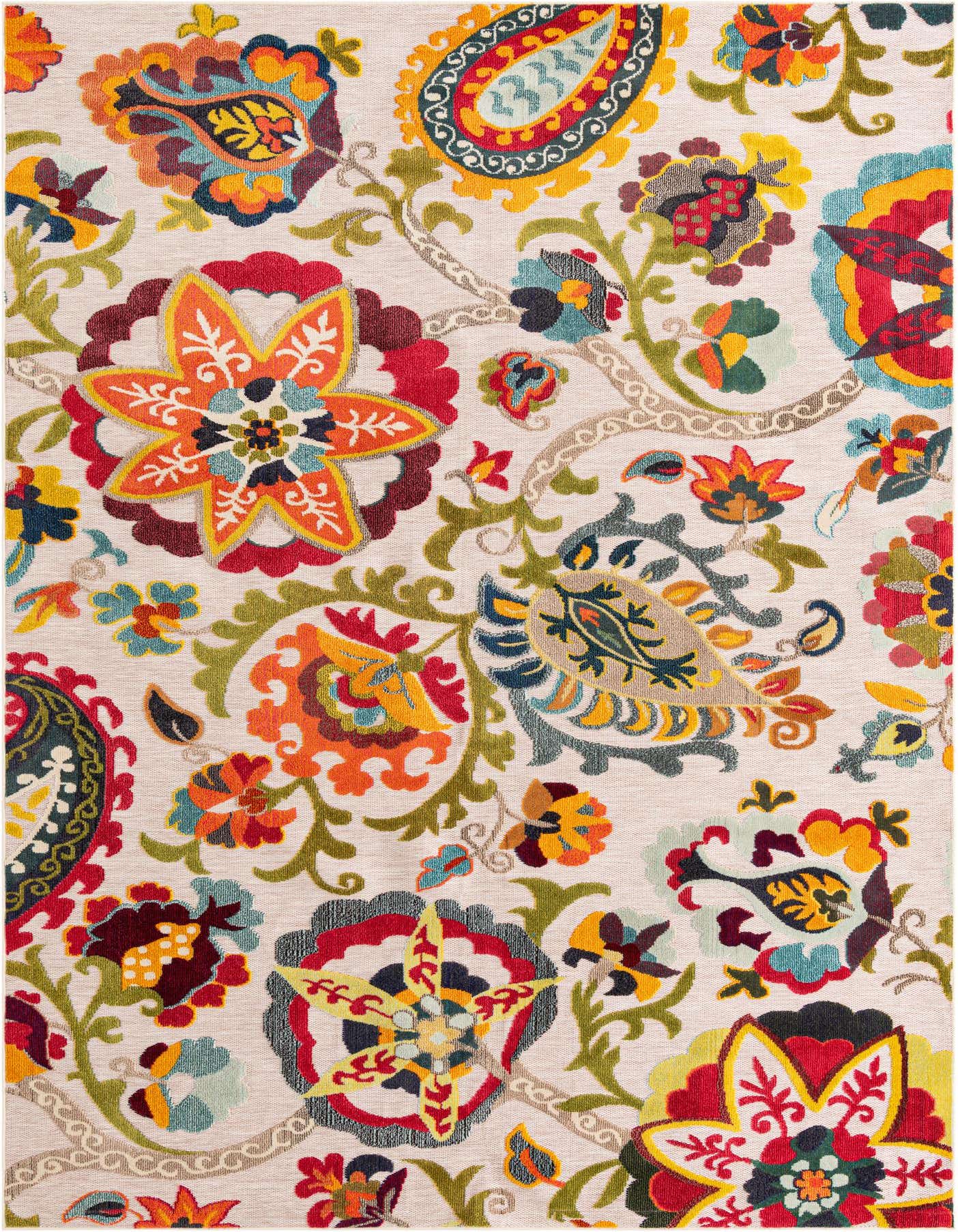 A 9x12 rectangular Multi Beige area rug featuring a vibrant, colorful modern floral and paisley pattern, suitable for indoor or outdoor use.