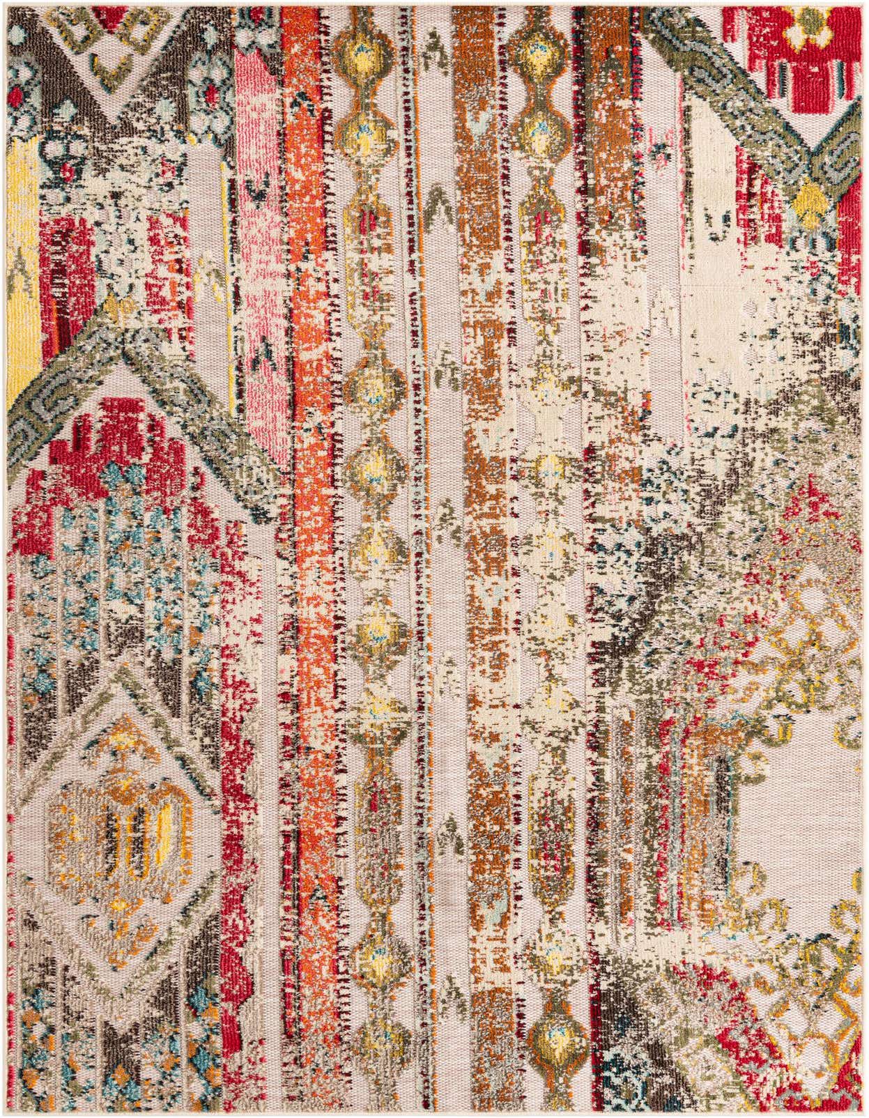 A 5x8 rectangular multi beige modern rug with distressed patterns and vibrant red, orange, yellow, and blue accents, suitable for indoor or outdoor use.