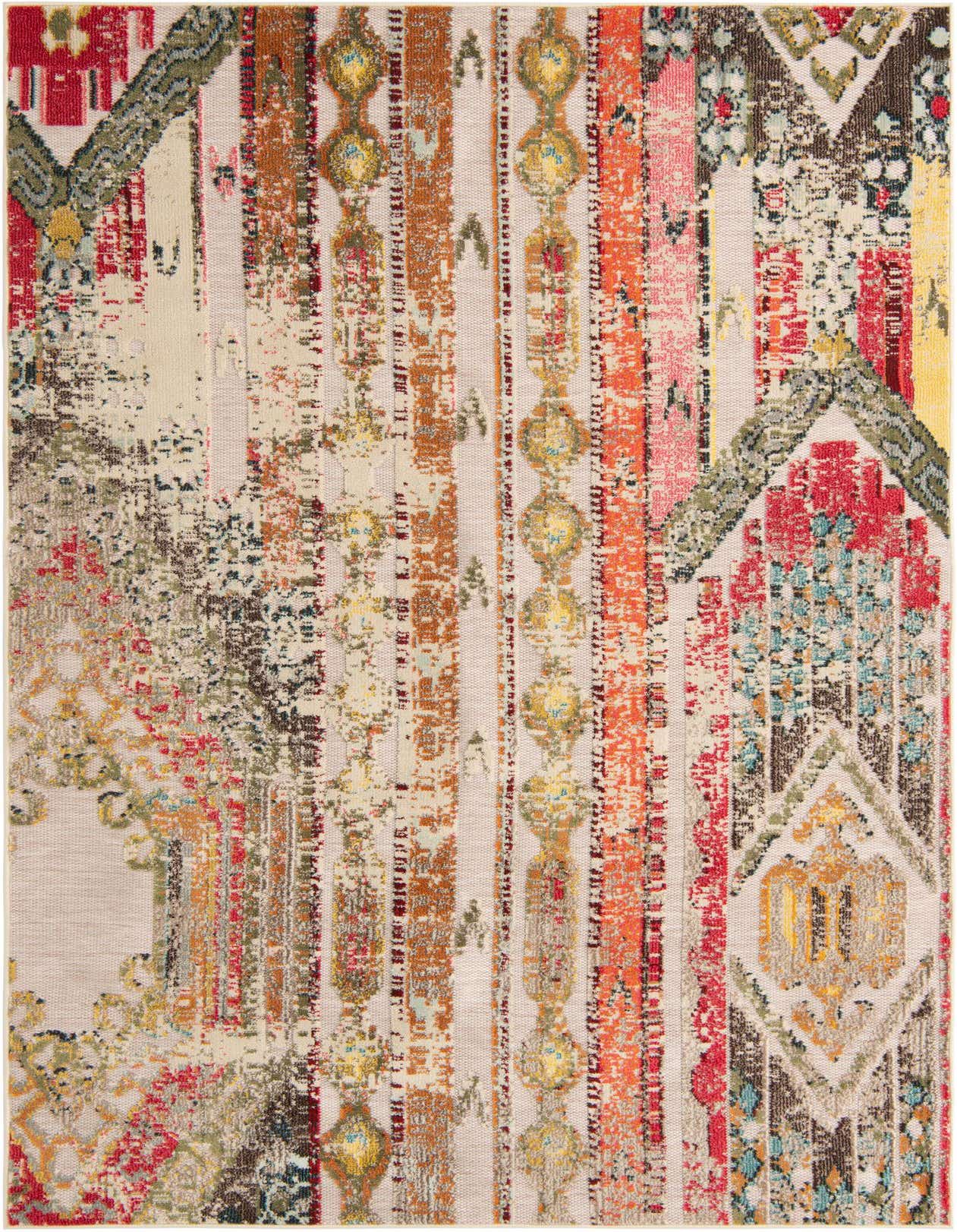 A 6x9 rectangular multi-beige modern rug with a vibrant abstract pattern, featuring stripes, geometric shapes, and distressed textures in various colors.