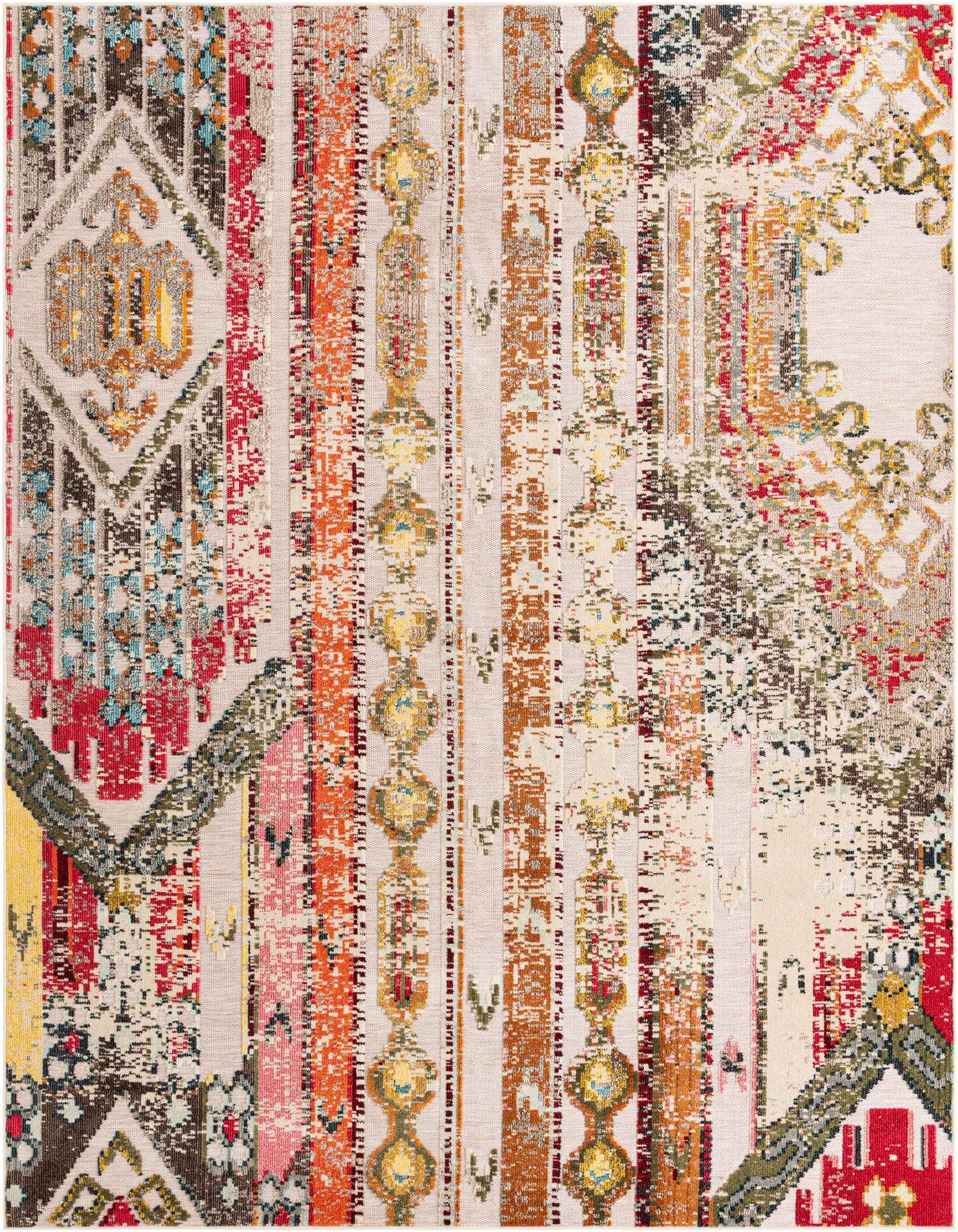 A 9x12 rectangular Rugs.com Outdoor Casablanca rug featuring a multi-beige modern abstract pattern with vibrant reds, oranges, yellows, and blues, suitable for indoor or outdoor spaces.