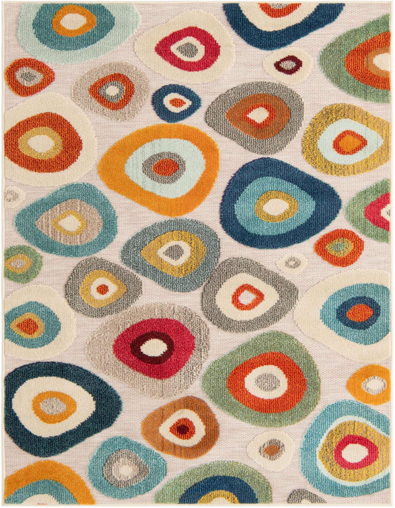 A 4x6 rectangular Multi Beige modern rug featuring a vibrant, abstract pattern of colorful concentric ovals in various sizes, suitable for indoor or outdoor use.