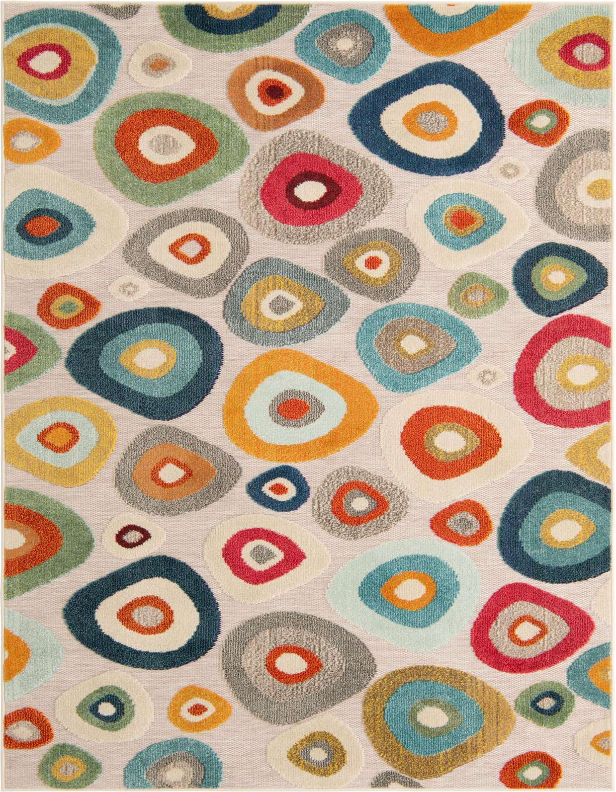 A 5x8 rectangular multi beige modern rug featuring a vibrant pattern of colorful, concentric organic shapes, suitable for indoor or outdoor use.