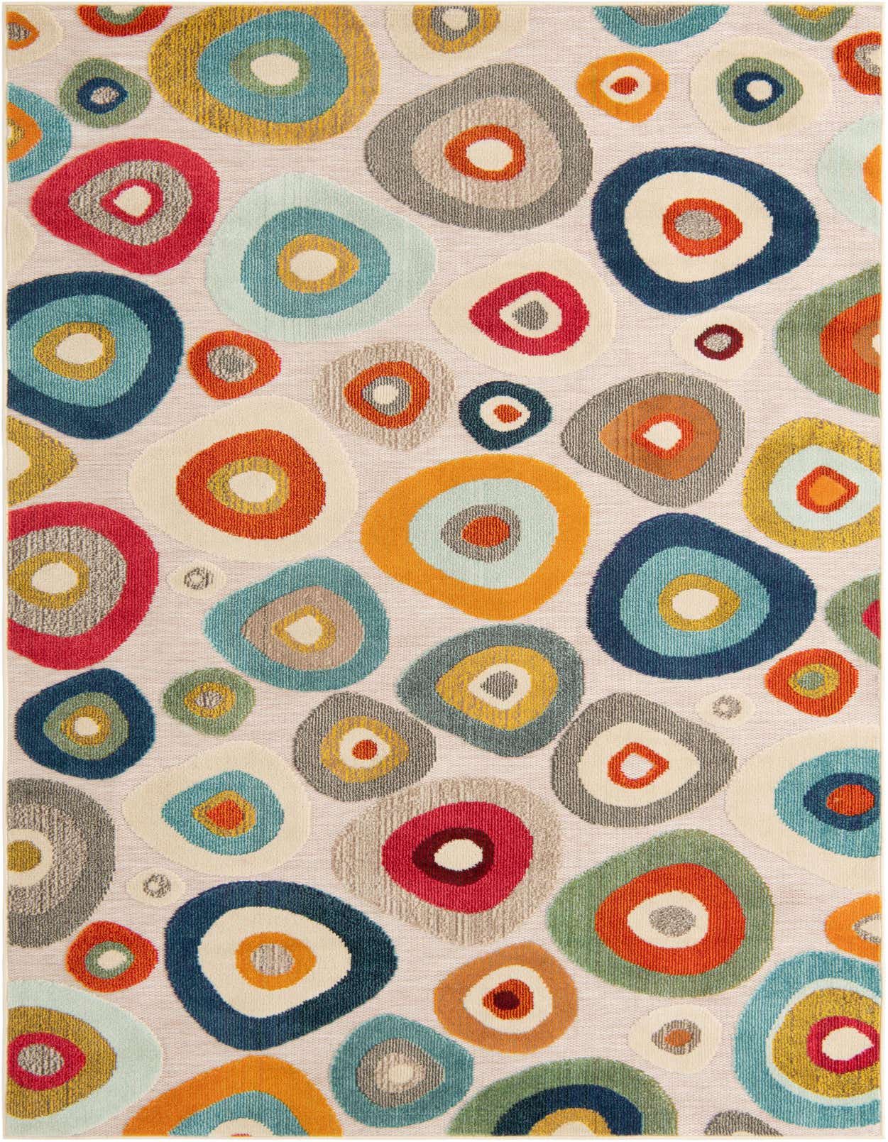 A 6x9 rectangular multi beige modern rug featuring a vibrant, playful pattern of colorful concentric circles and organic shapes.