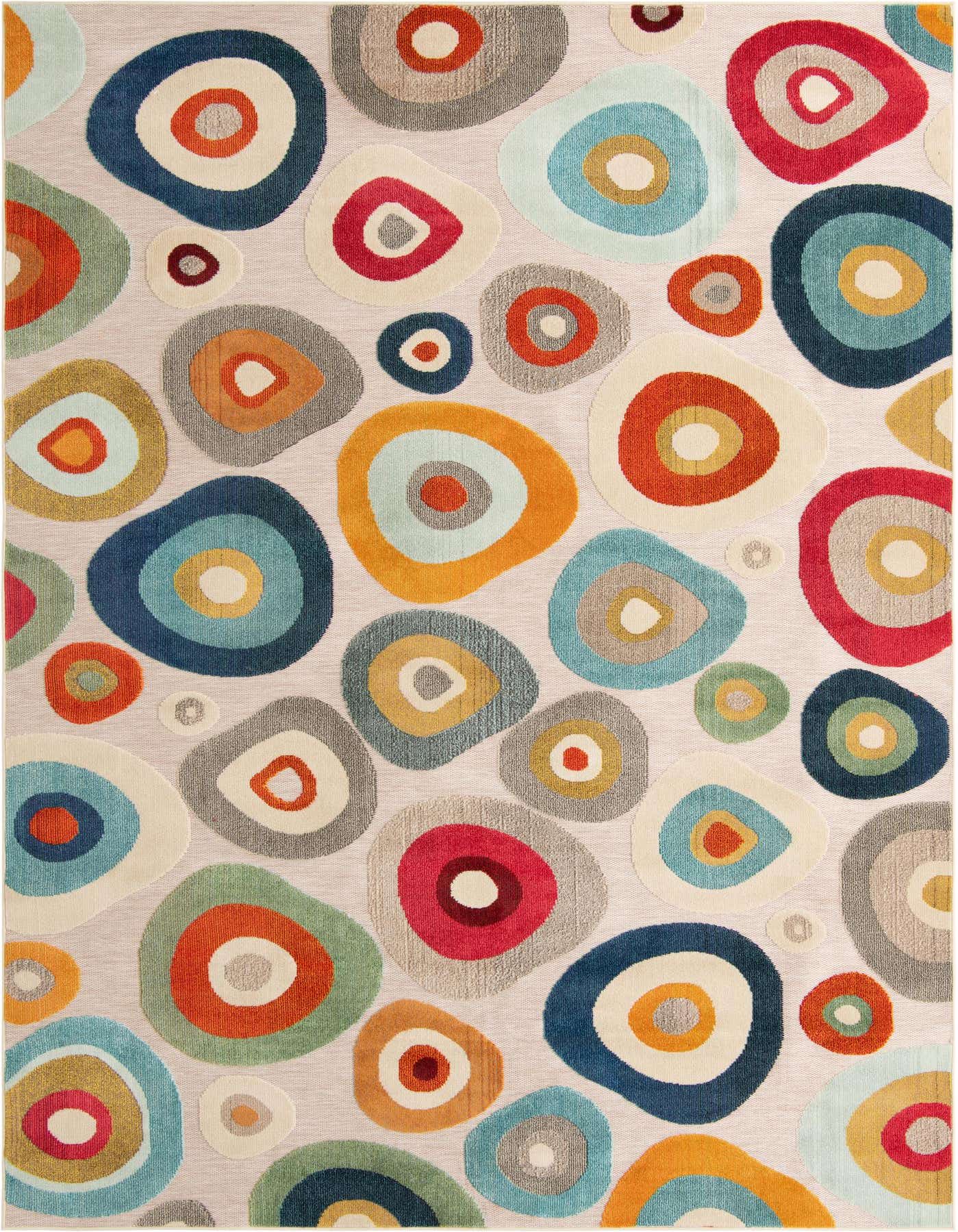 A 9x12 rectangular multi beige modern rug with a vibrant, abstract pebble pattern in various colors like blue, orange, red, and green.