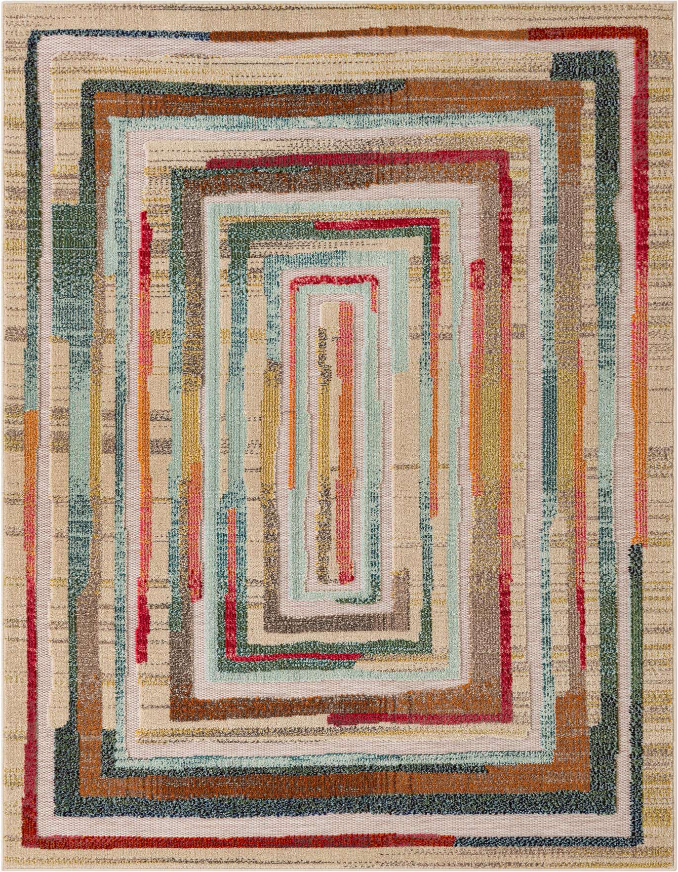 A 5x7 rectangular Multi Beige modern rug featuring an abstract geometric pattern of concentric rectangles in various colors like red, blue, green, and orange.