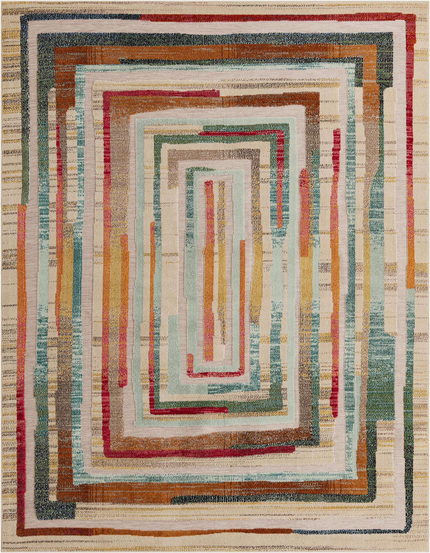 A rectangular 8x10 multi-beige modern rug with a concentric rectangular pattern in various colors, suitable for indoor or outdoor use.