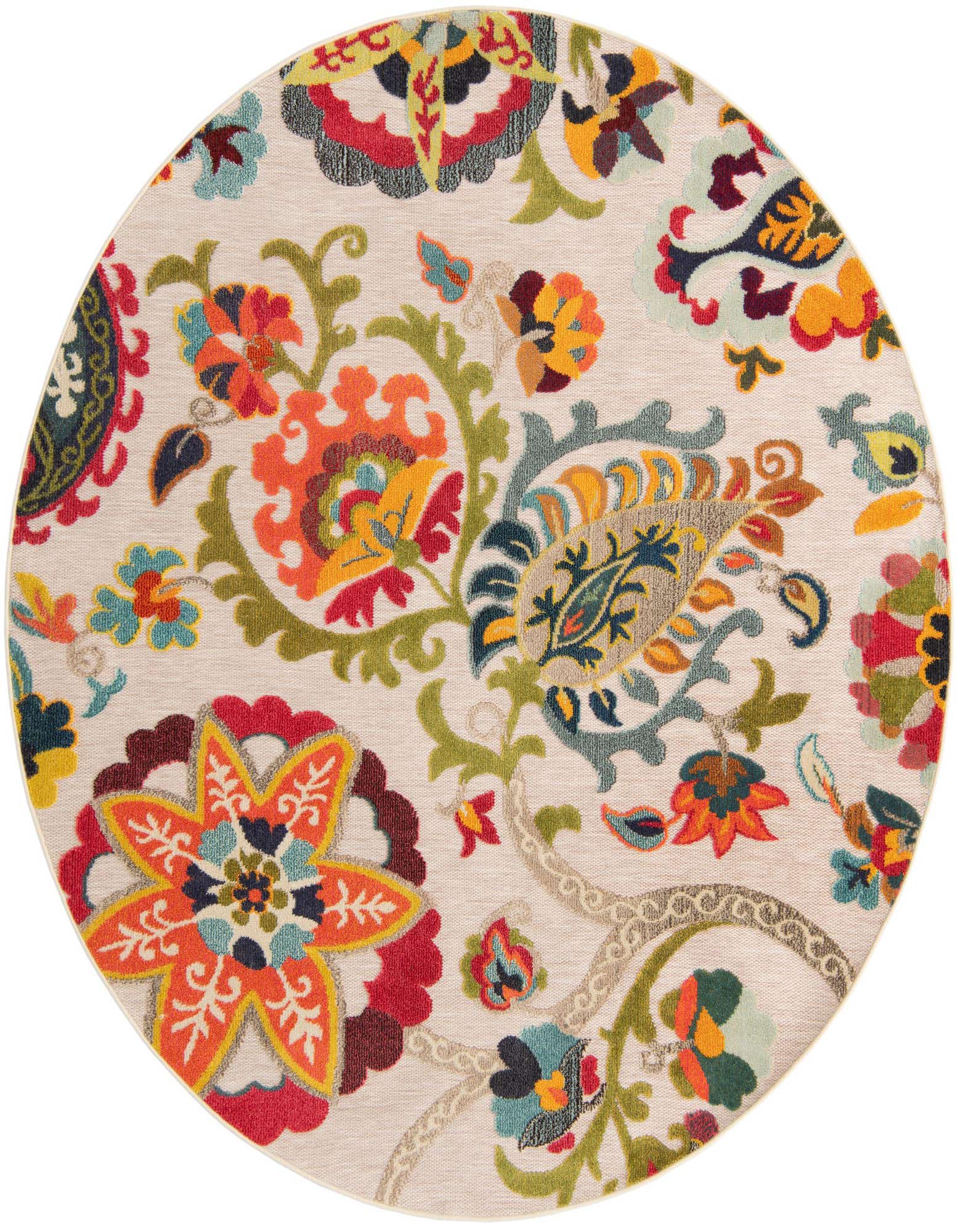 A round 7' 10 x 7' 10 multi-beige rug with a vibrant modern floral and paisley pattern, suitable for indoor or outdoor use.
