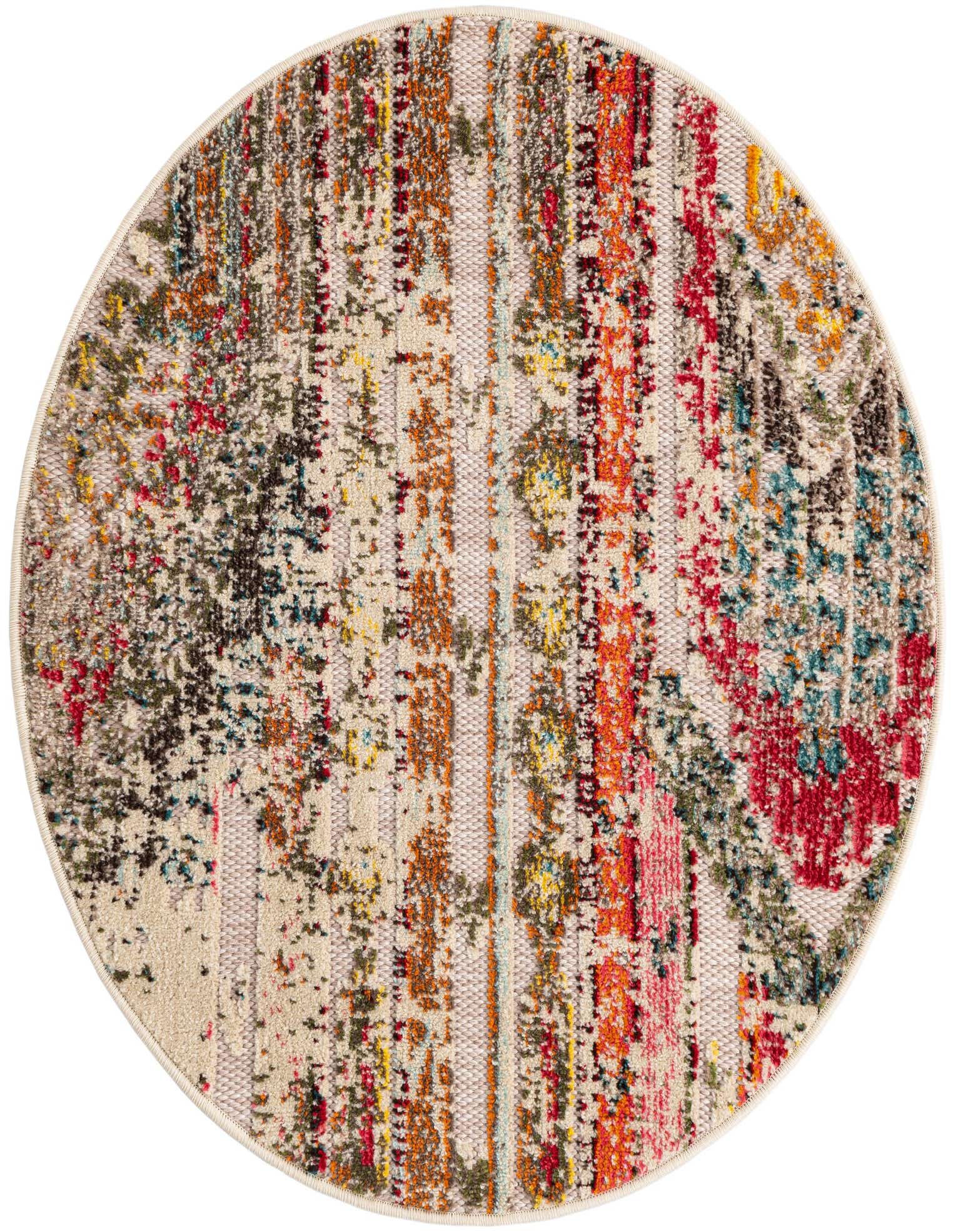 A 3' 0 x 3' 0 round Multi Beige Modern rug with a distressed abstract pattern in various vibrant colors.