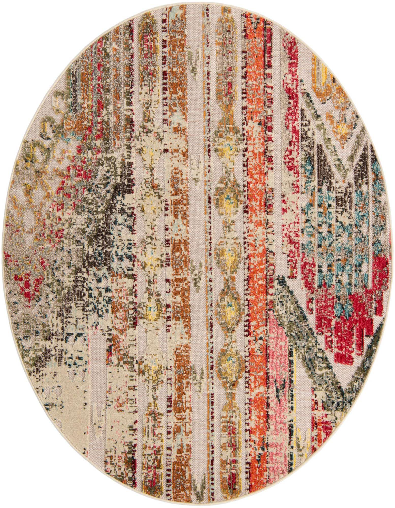 A 6' round multi-beige modern indoor/outdoor rug with abstract stripes and distressed patterns in red, orange, yellow, and teal.