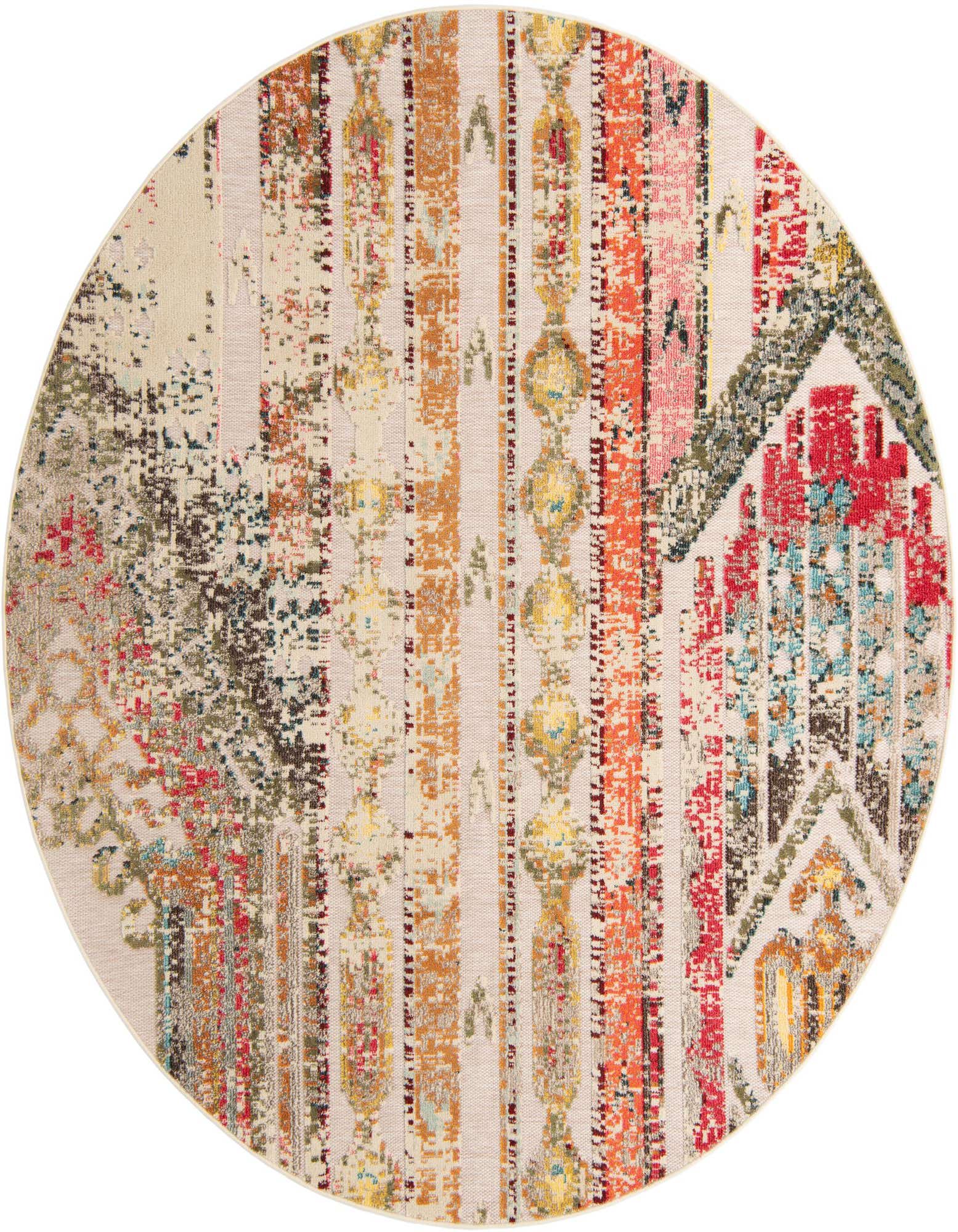 A round 7' 10 x 7' 10 Multi Beige Modern rug with a vibrant, distressed abstract pattern, suitable for indoor/outdoor use.