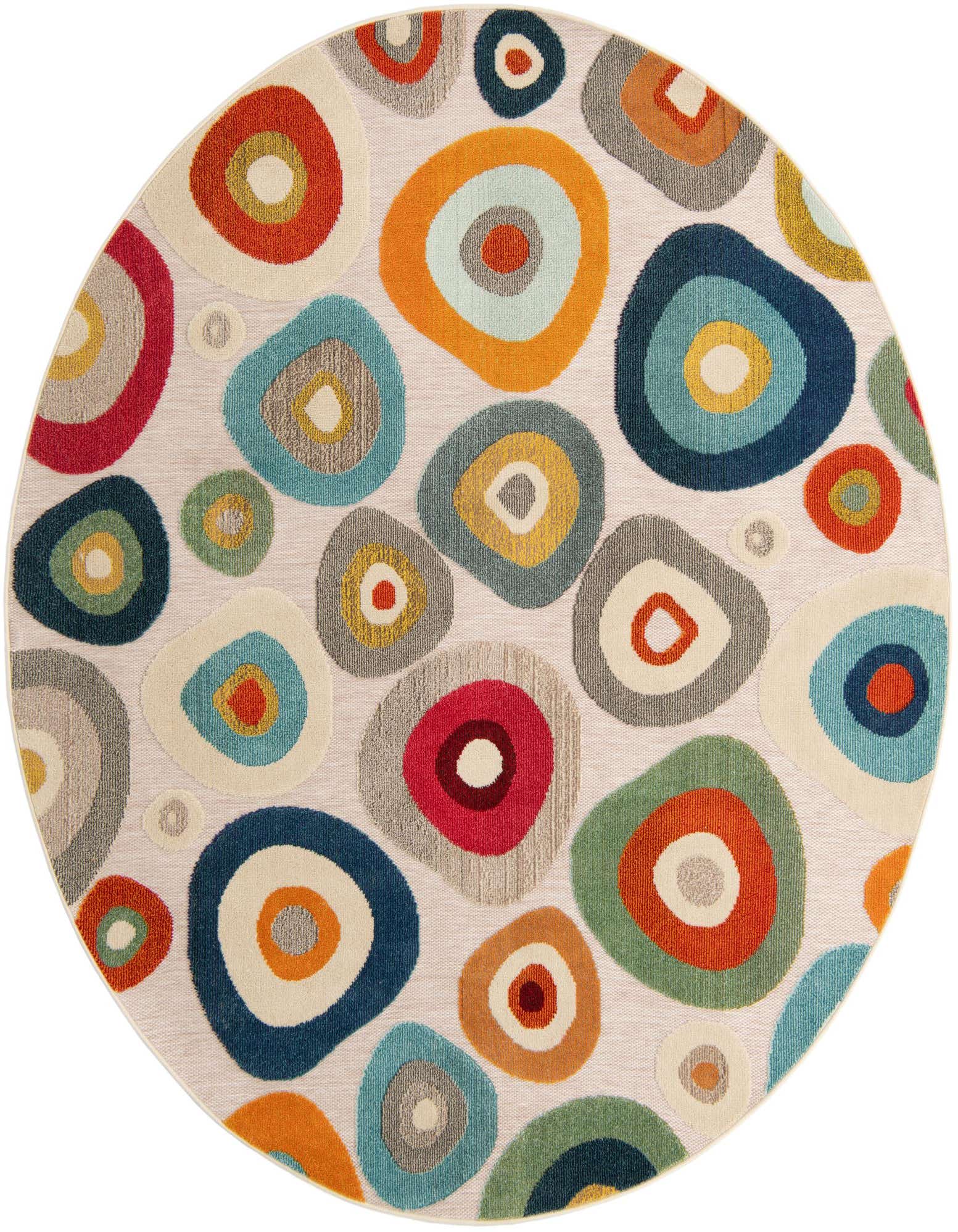 A round, multi-beige modern rug featuring various colorful, organic-shaped circles, suitable for indoor or outdoor spaces.
