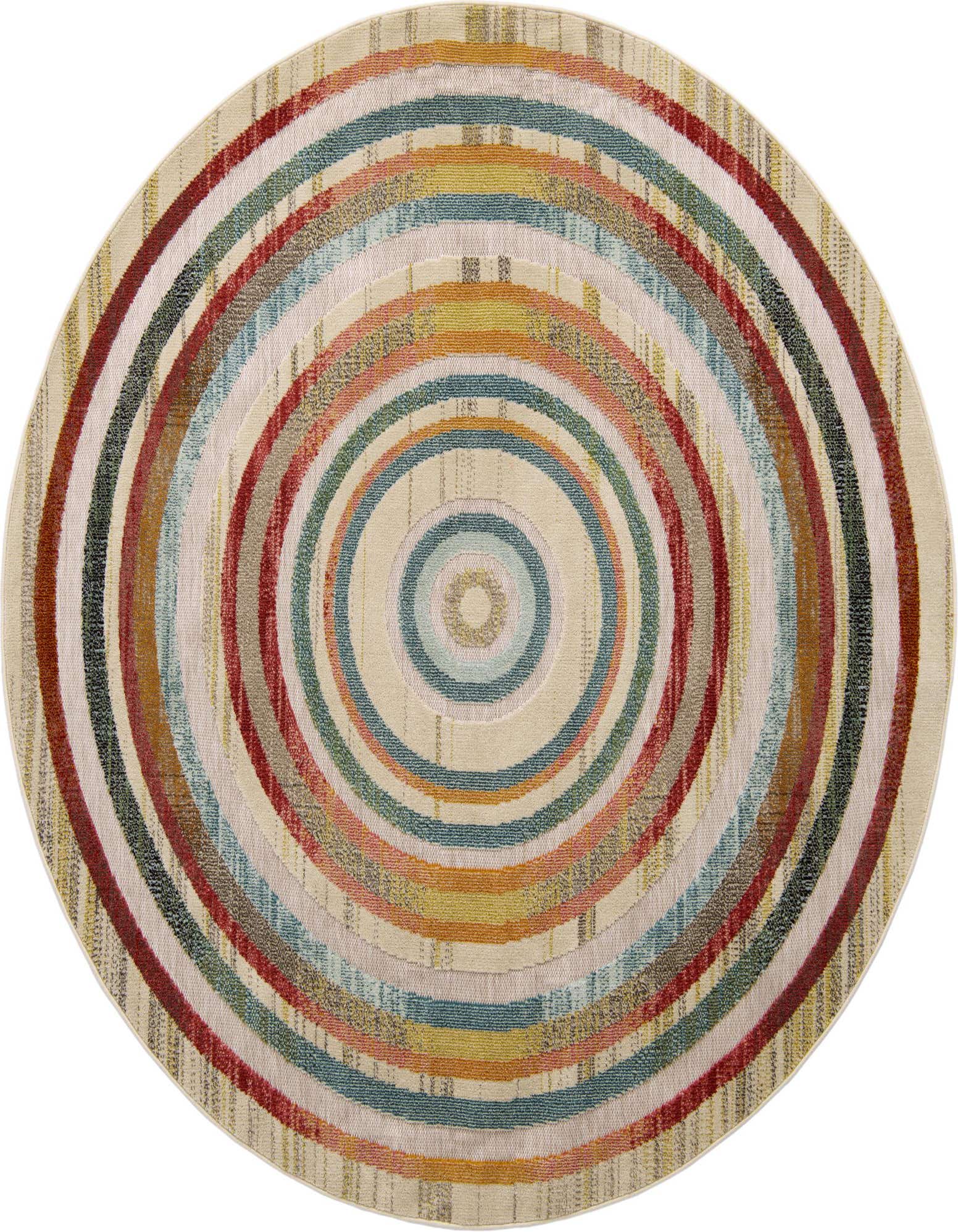 A round multi-beige modern rug with concentric circles in various colors, suitable for indoor or outdoor spaces.