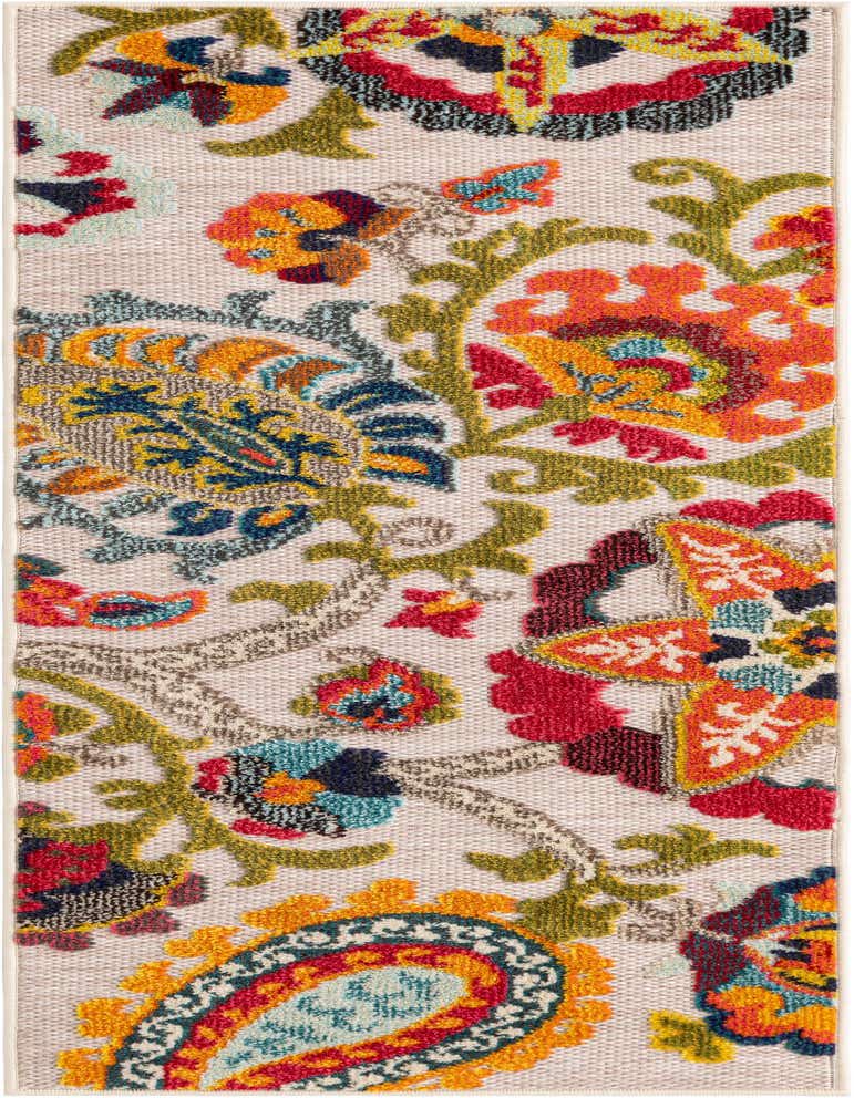 A 5 ft runner rug with a multi-beige background and a vibrant modern floral and paisley pattern in red, orange, blue, and green.