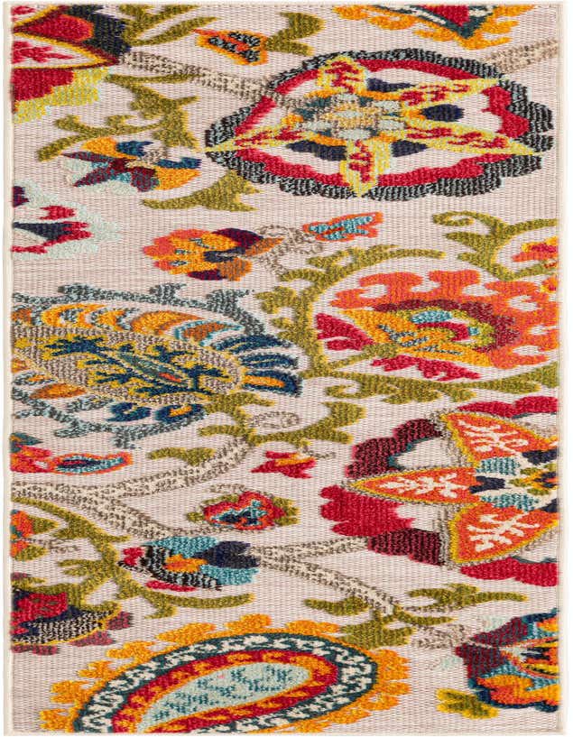 A 6 ft runner rug with a multi-beige background and a vibrant modern pattern featuring red, orange, blue, and green floral and paisley motifs.