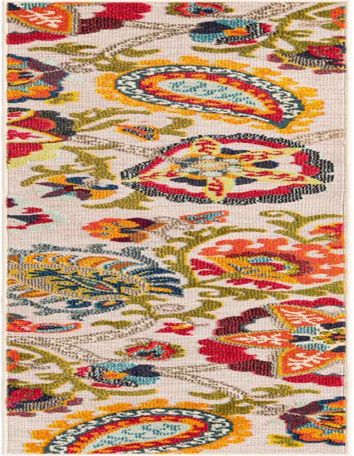 A Multi Beige 8 Ft Runner rug from the Outdoor Casablanca collection featuring a vibrant modern pattern with red, orange, yellow, and blue floral and paisley motifs on a textured beige background.