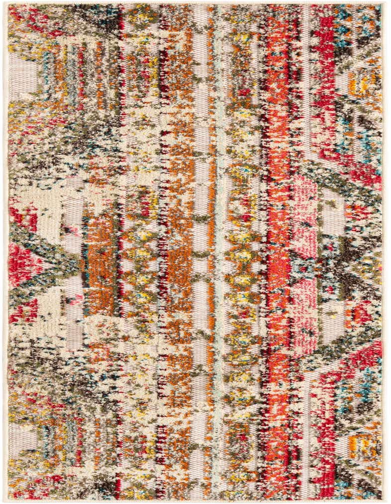 A 5 ft runner rug in a multi-beige modern pattern with vibrant splashes of orange, red, blue, and green, suitable for a hallway or patio.