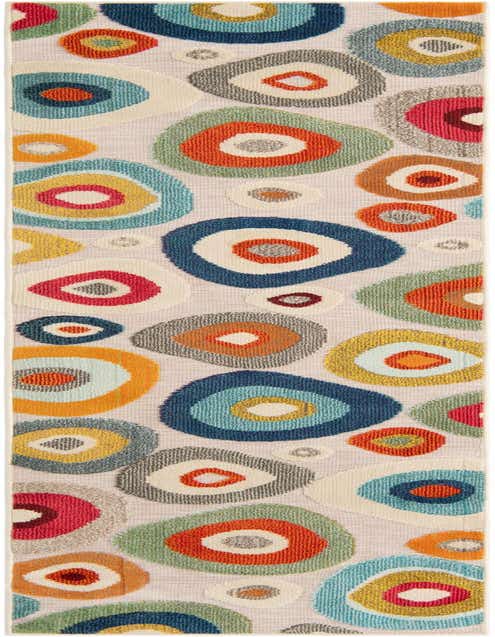 A 10 ft runner rug with a modern multi-beige background and colorful concentric circles in blue, orange, red, green, and yellow.