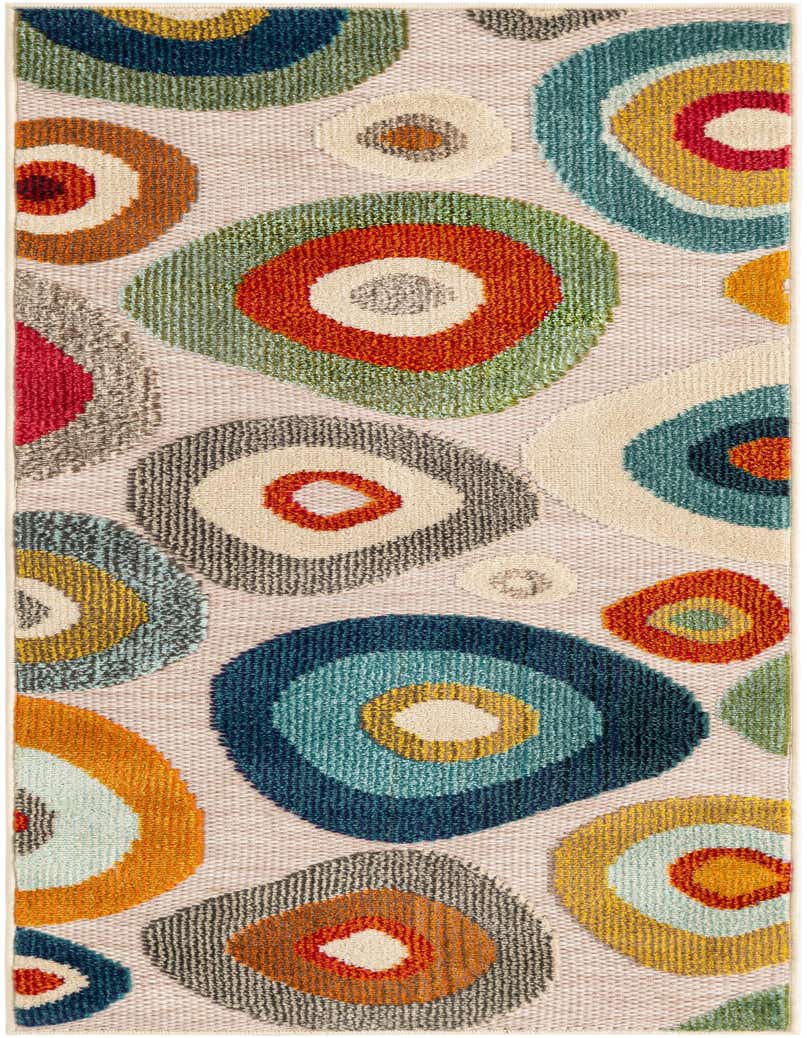 A 5 ft runner rug with a modern multi-beige background and colorful concentric circles in blue, orange, green, and yellow.