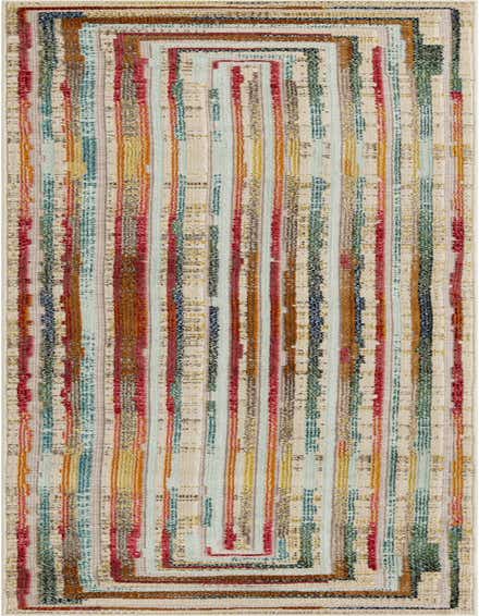 A 12 ft runner rug with a modern multi-beige pattern featuring textured vertical stripes in various colors like red, blue, green, and orange.