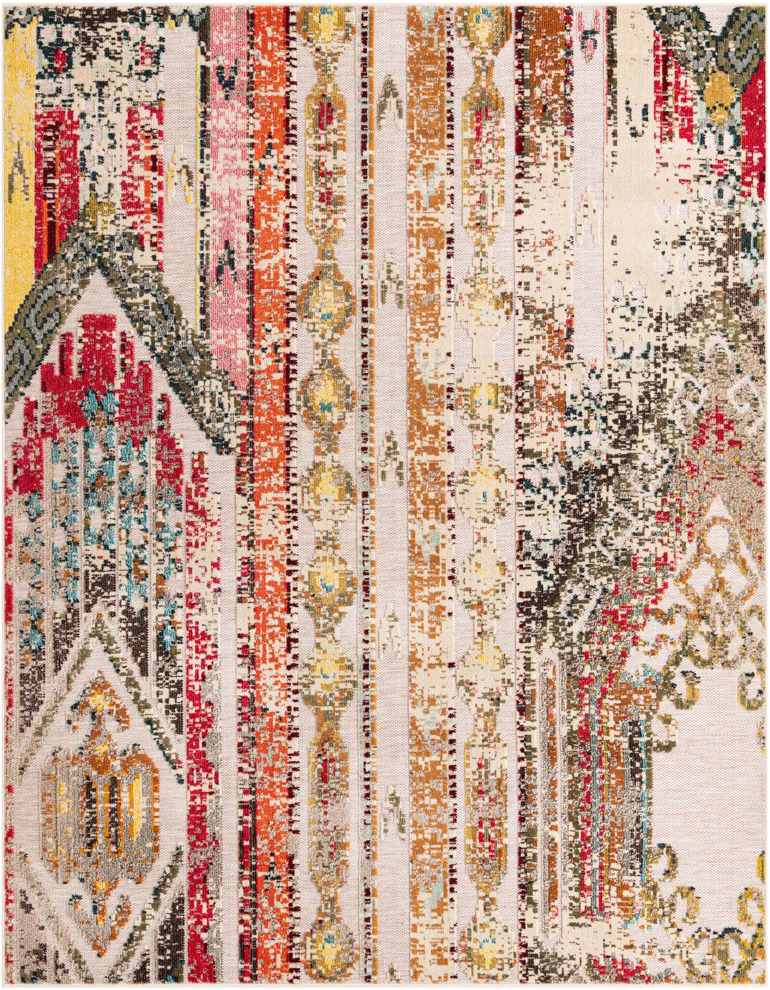 A square multi beige modern indoor/outdoor rug with a vibrant distressed pattern featuring stripes and geometric shapes in red, orange, yellow, and blue.