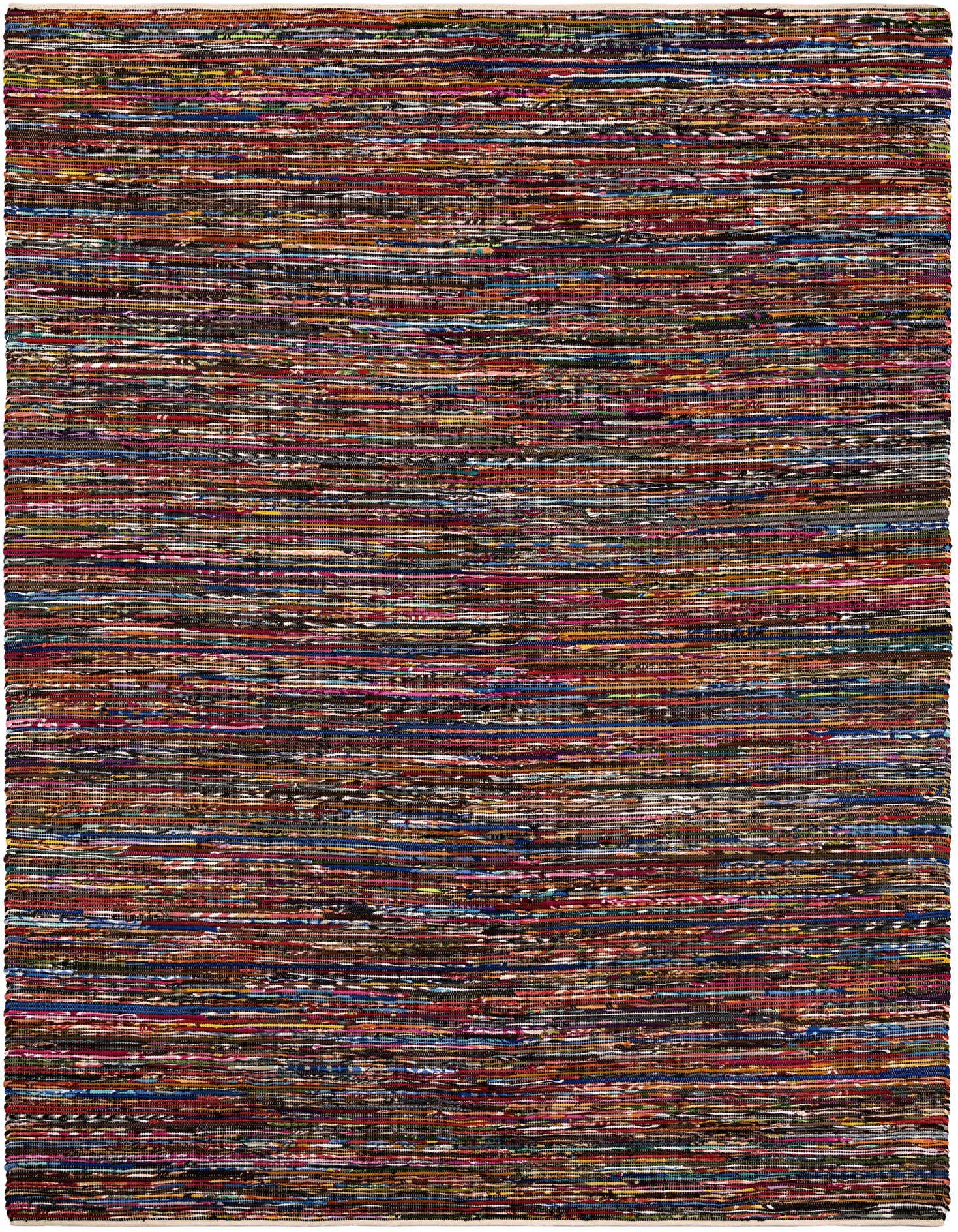 A 10x14 rectangular Chindi Cotton rug featuring a vibrant, multi-colored striped pattern with dominant black tones, ideal for an eclectic living room.