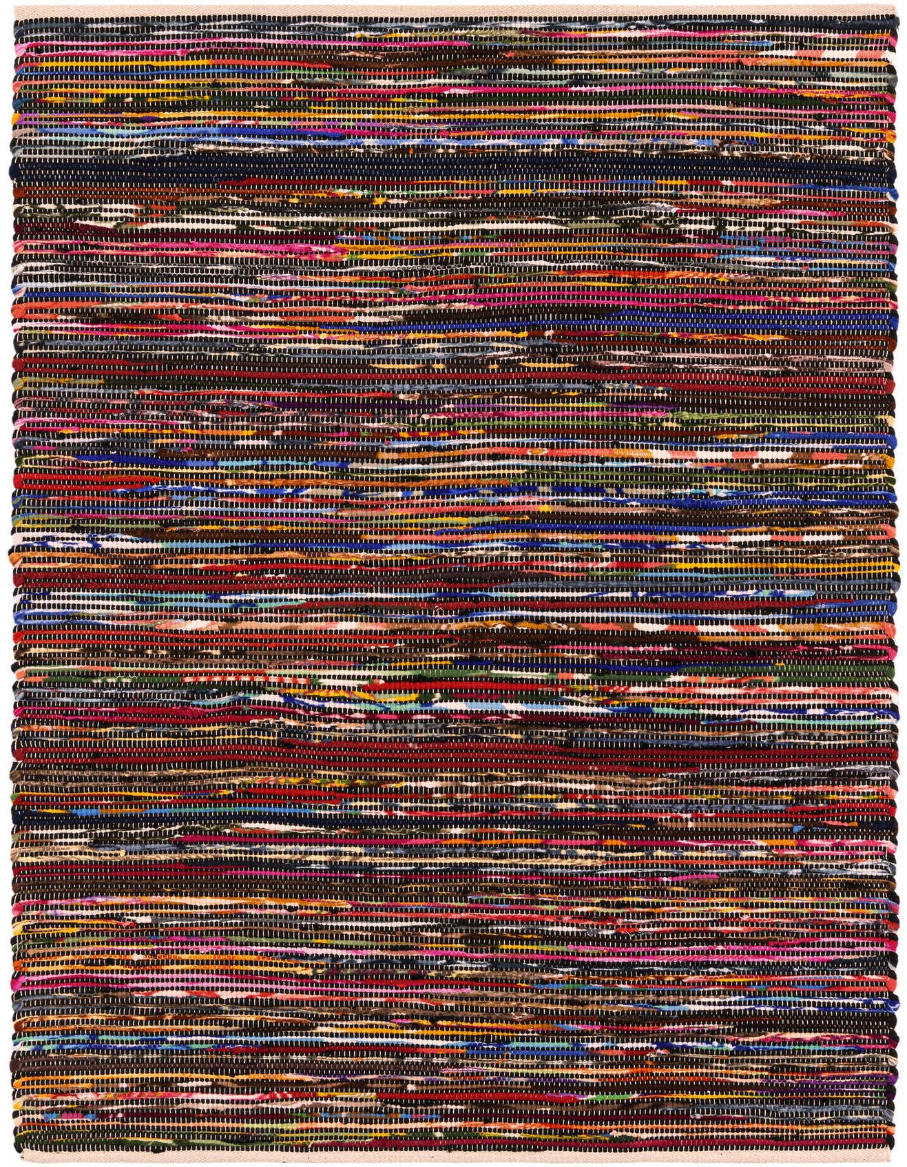 A 4x6 rectangular Chindi Cotton rug featuring a textured, multi-colored stripe pattern with dominant black, red, blue, and yellow threads, ideal for a living room.